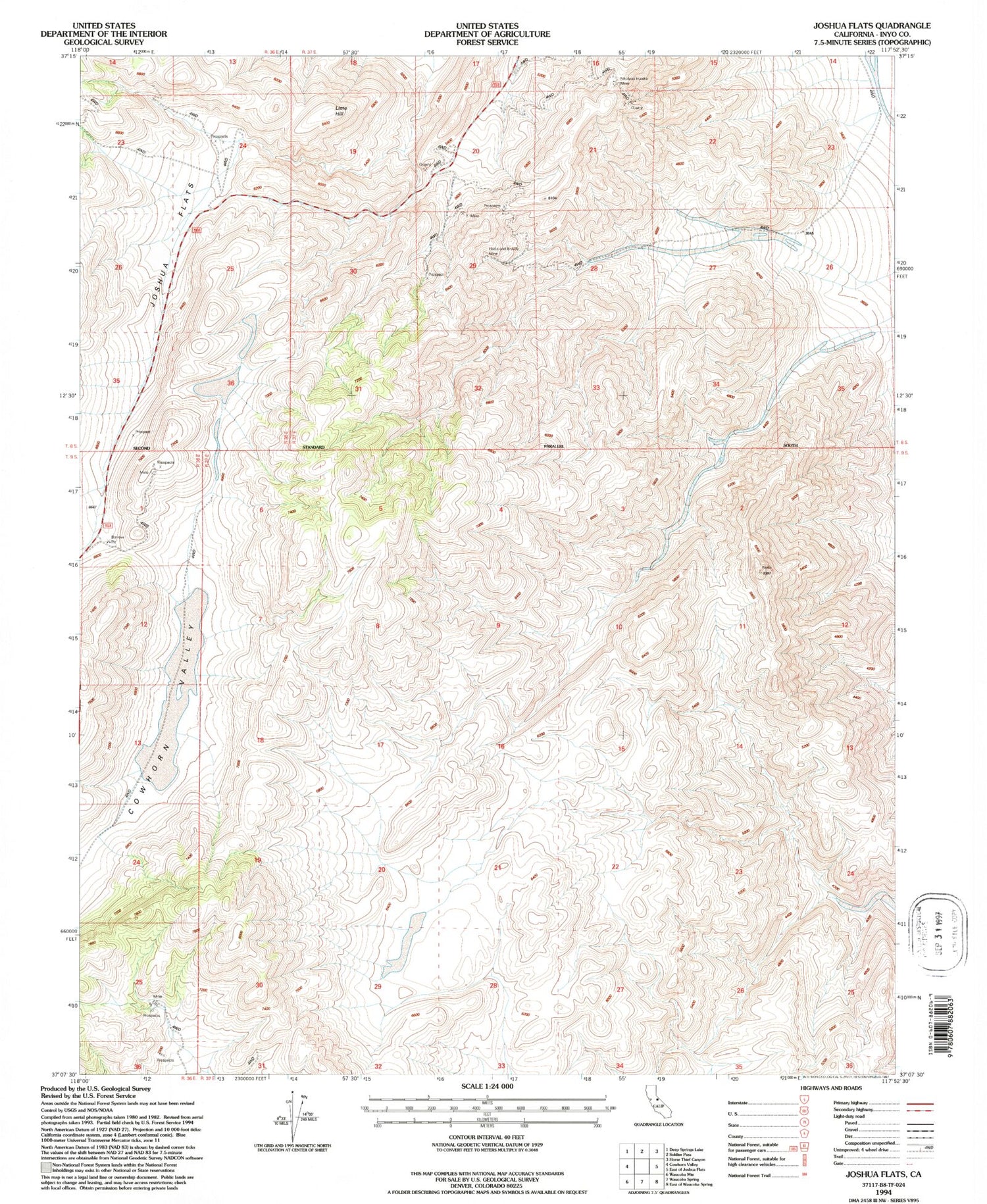 Classic USGS Joshua Flats California 7.5'x7.5' Topo Map Image