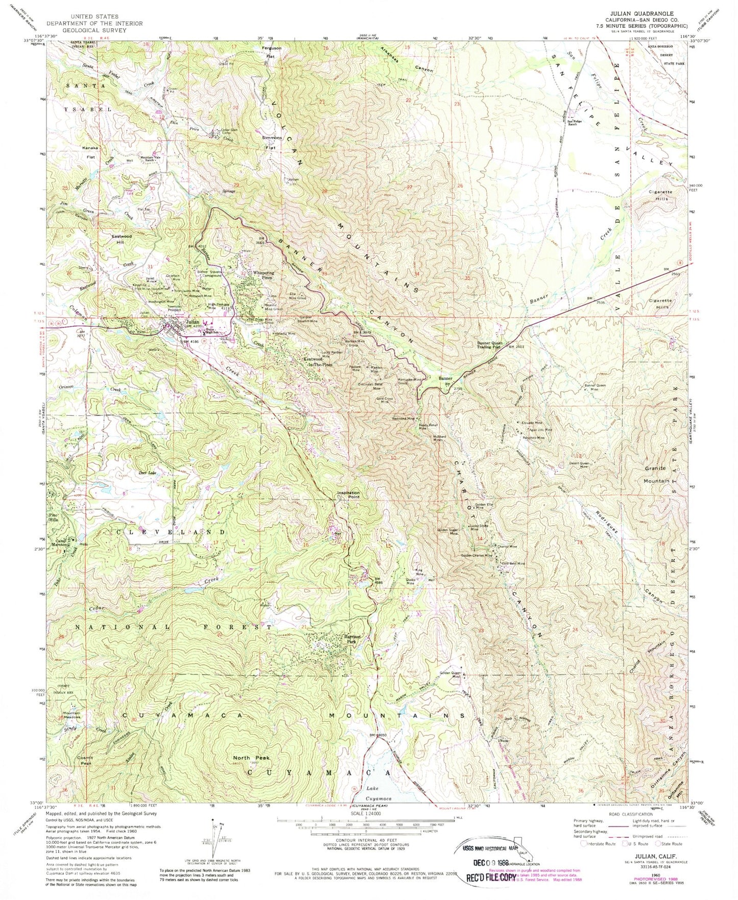 Classic USGS Julian California 7.5'x7.5' Topo Map Image