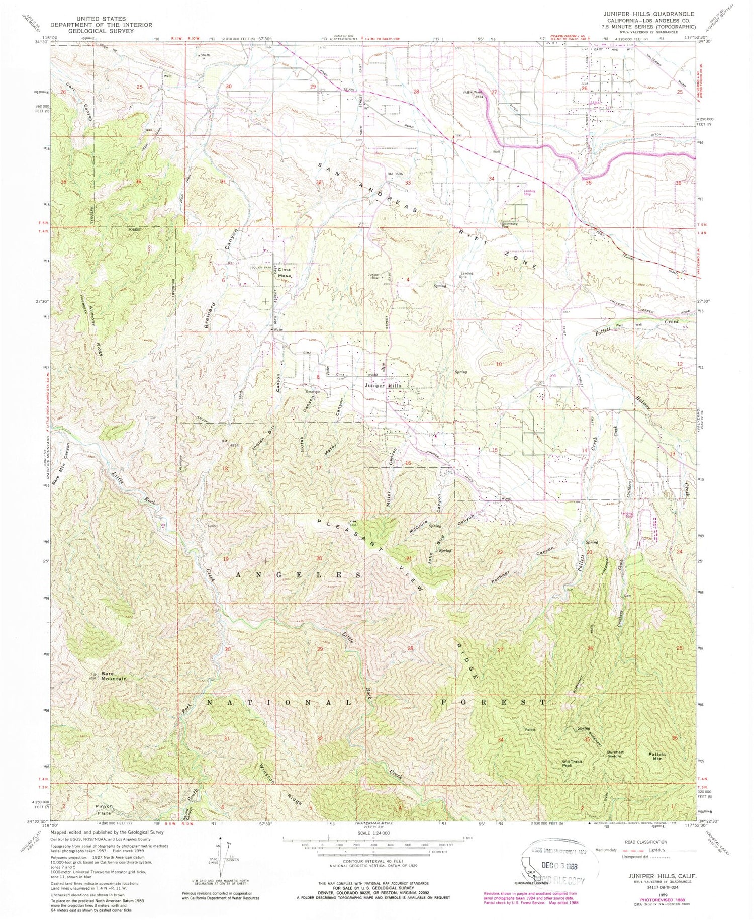 Classic USGS Juniper Hills California 7.5'x7.5' Topo Map Image