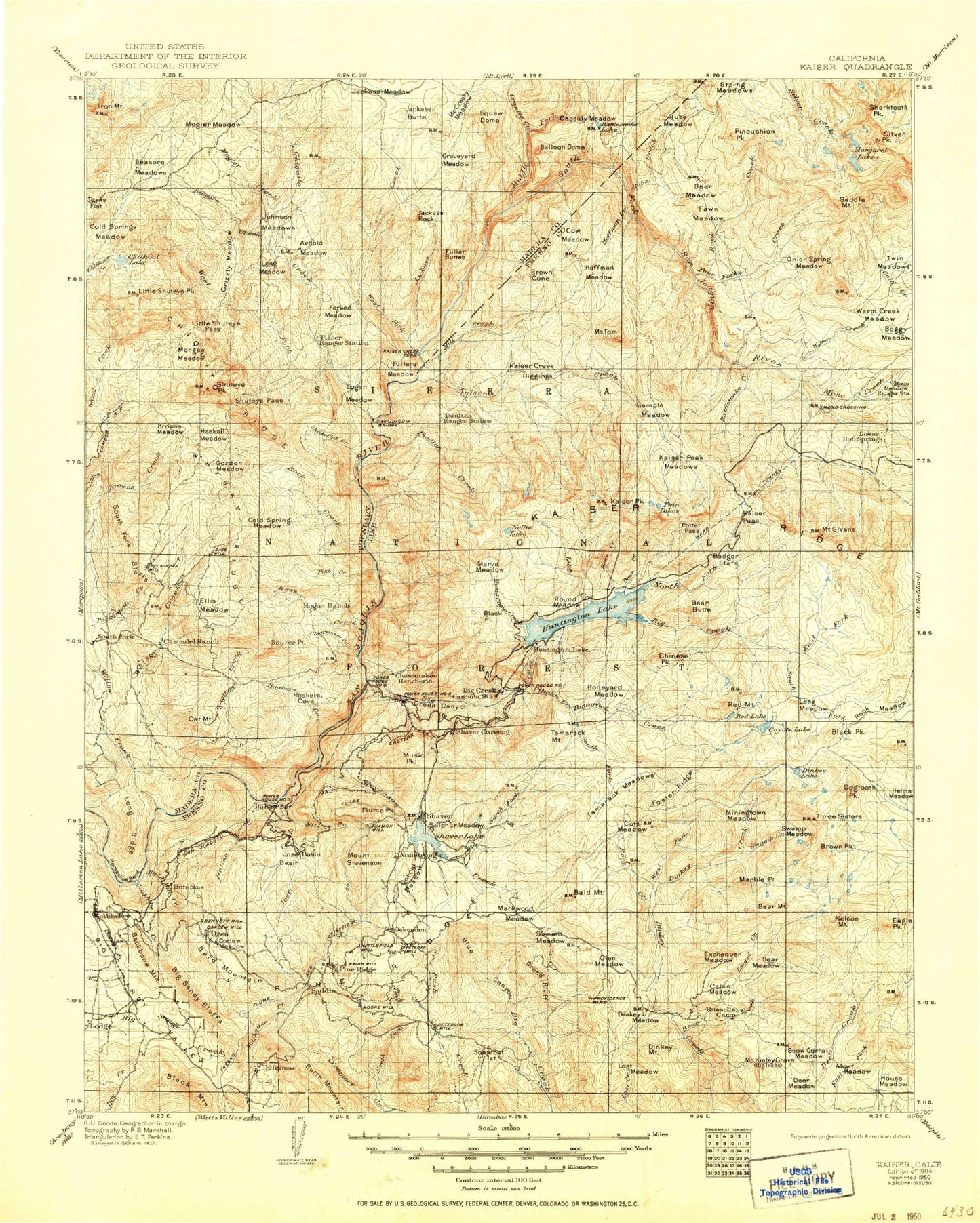 Historic 1904 Kaiser California 30'x30' Topo Map Image