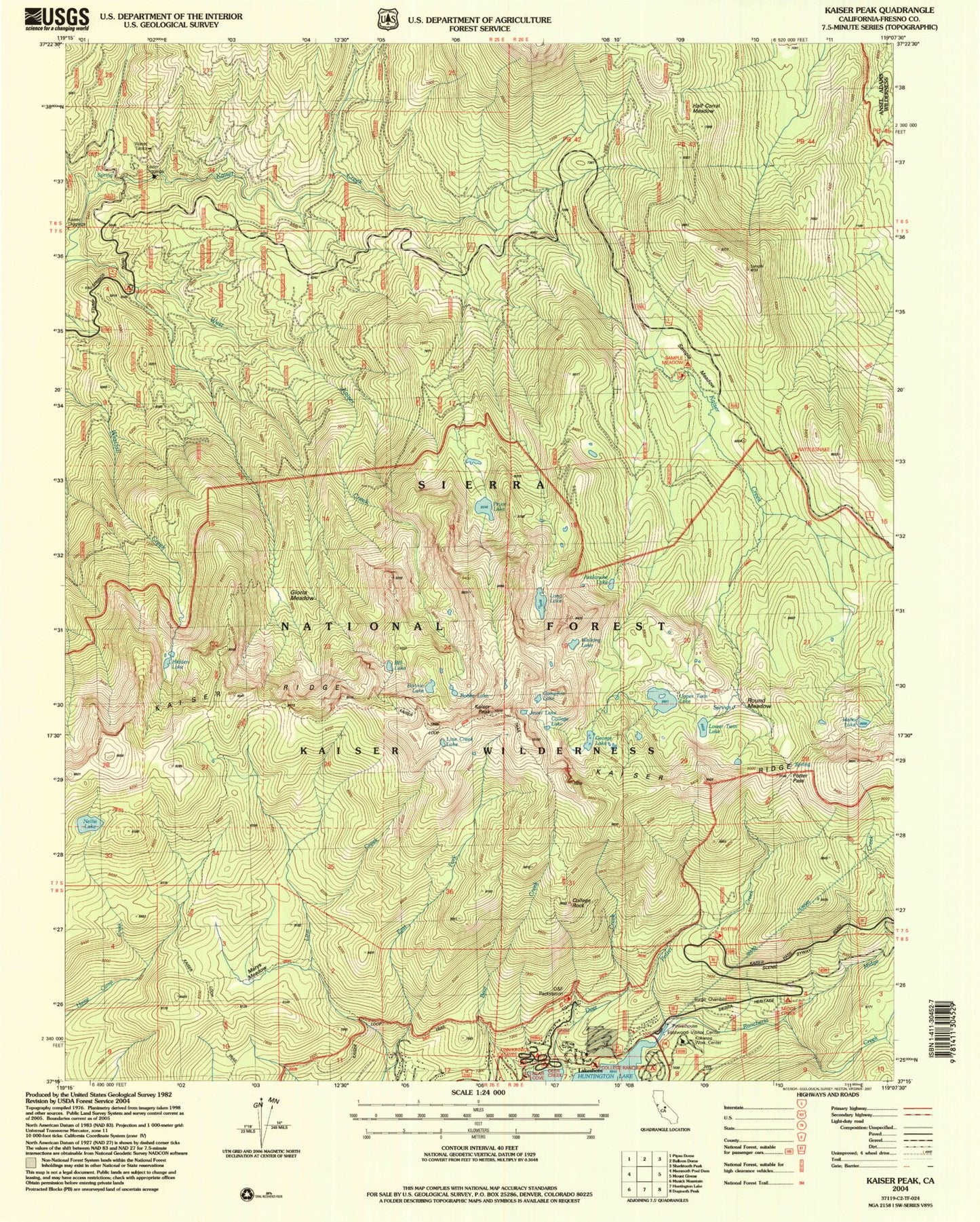 Classic USGS Kaiser Peak California 7.5'x7.5' Topo Map Image