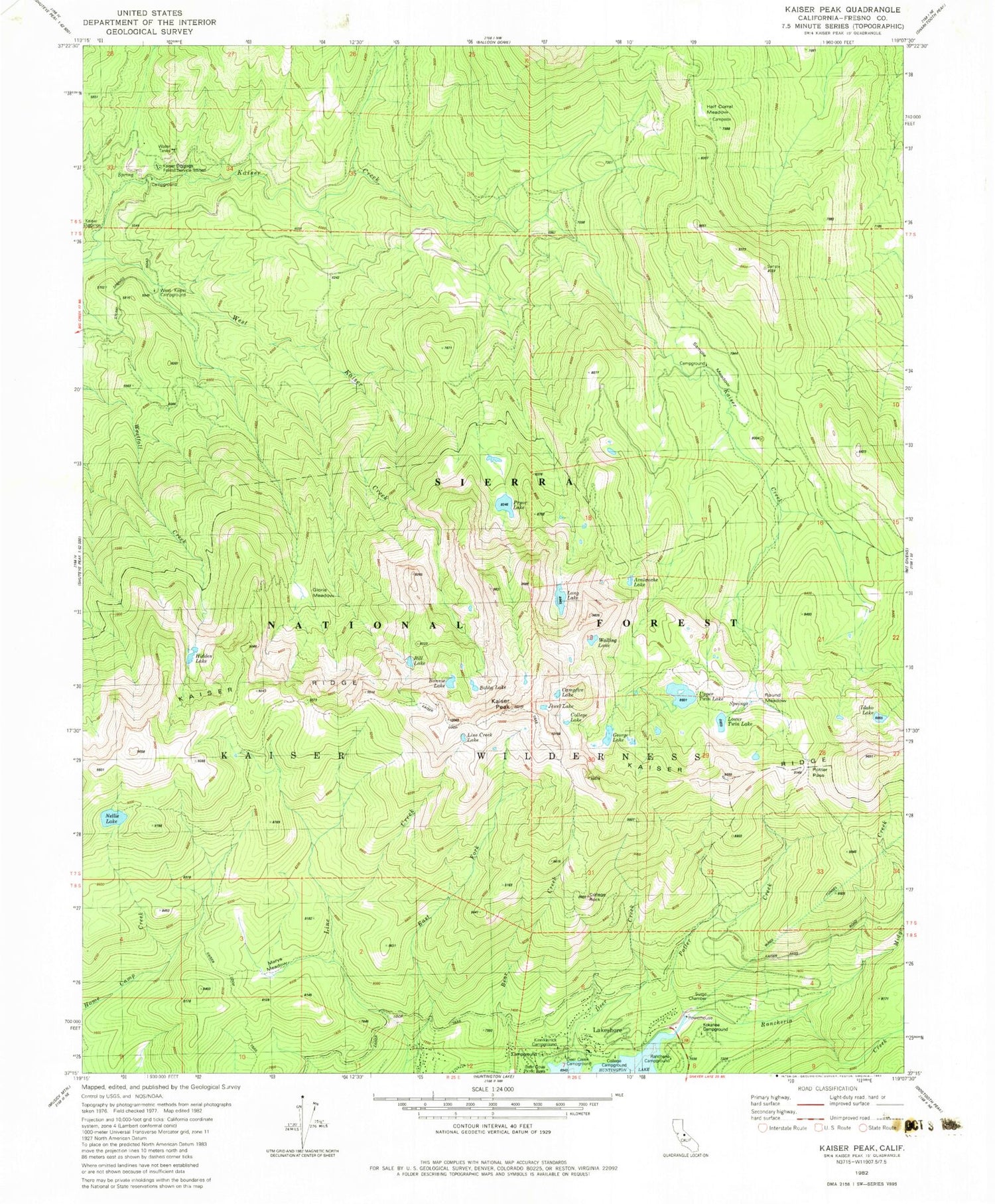 Classic USGS Kaiser Peak California 7.5'x7.5' Topo Map Image