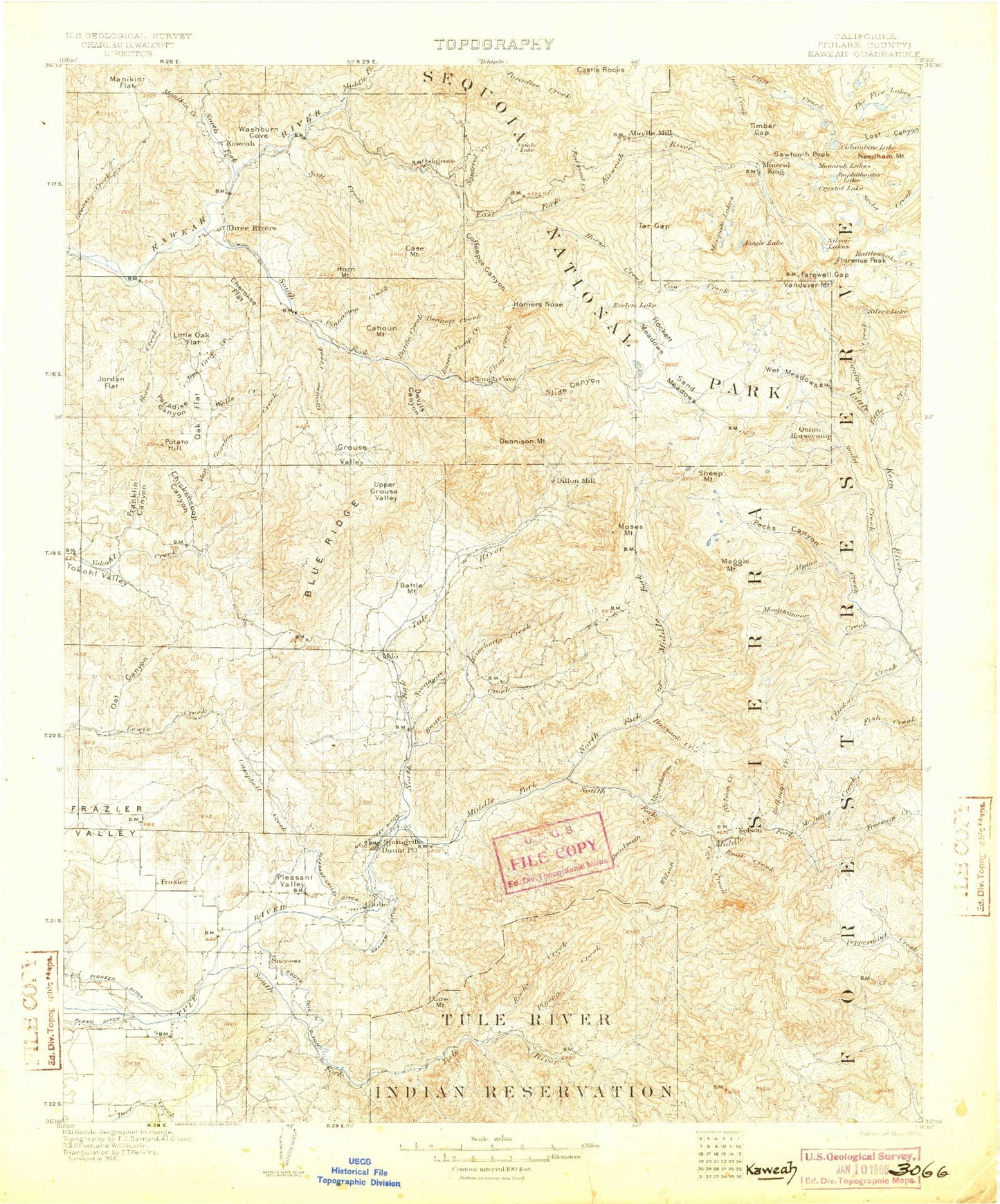 Historic 1904 Kaweah California 30'x30' Topo Map Image