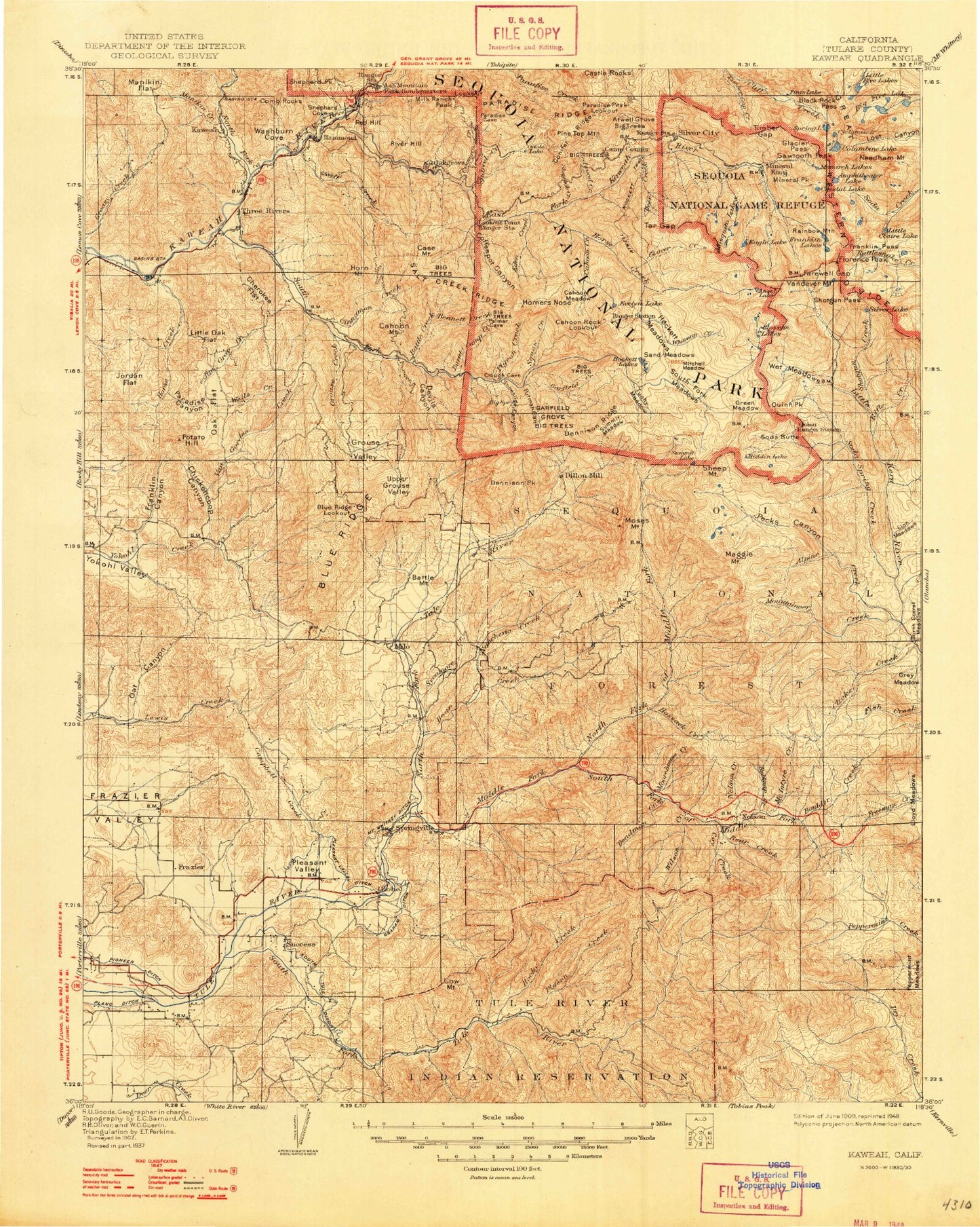 Historic 1909 Kaweah California 30'x30' Topo Map Image