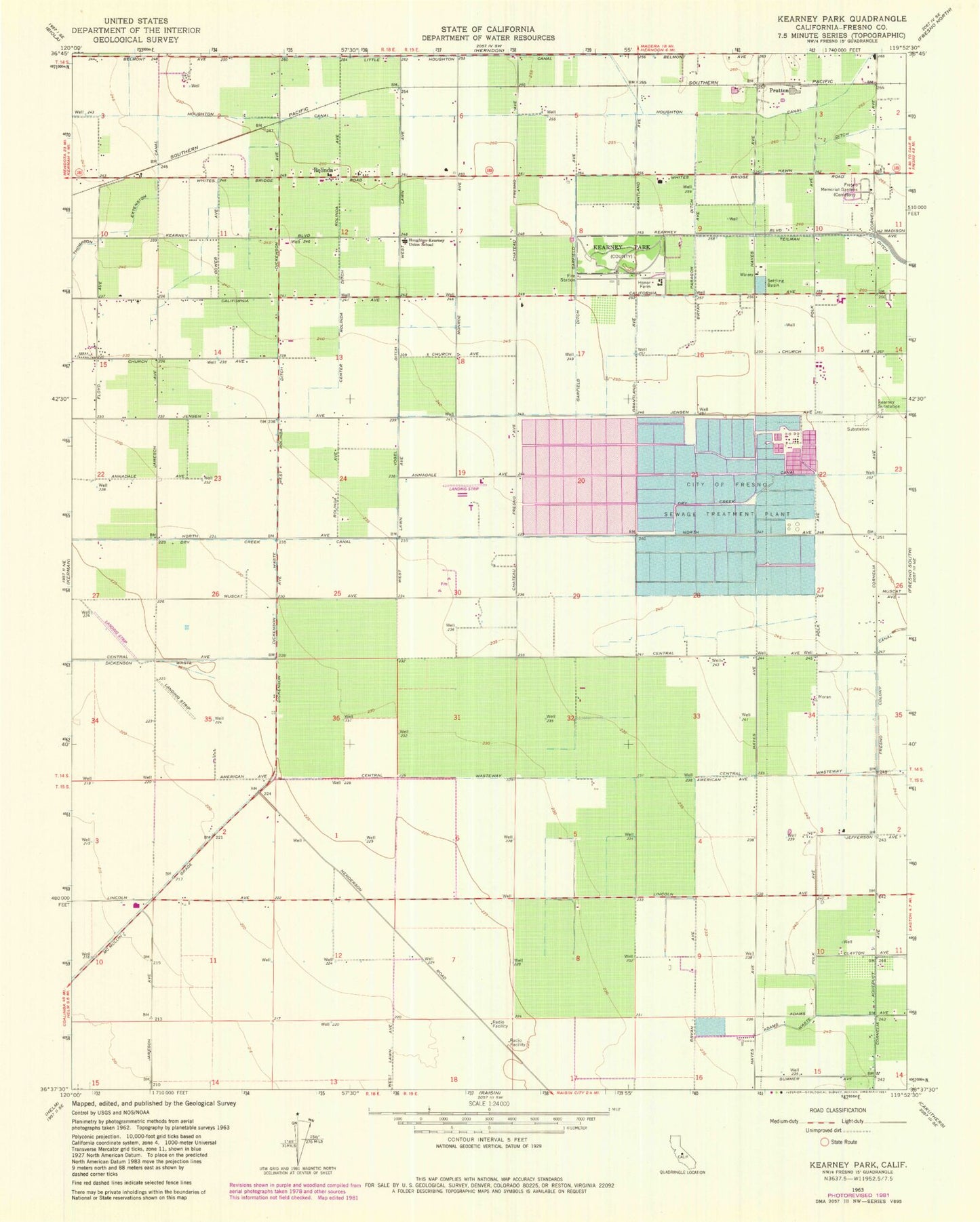 Classic USGS Kearney Park California 7.5'x7.5' Topo Map Image