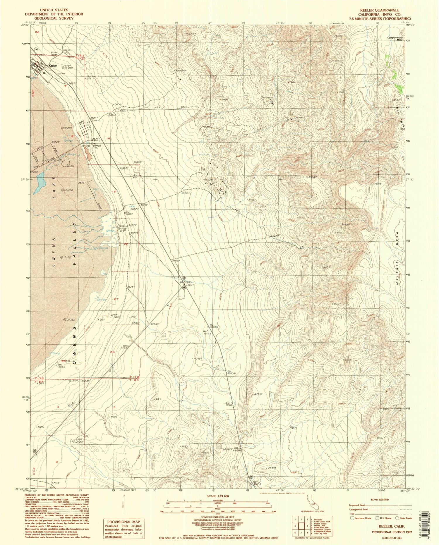 Classic USGS Keeler California 7.5'x7.5' Topo Map Image