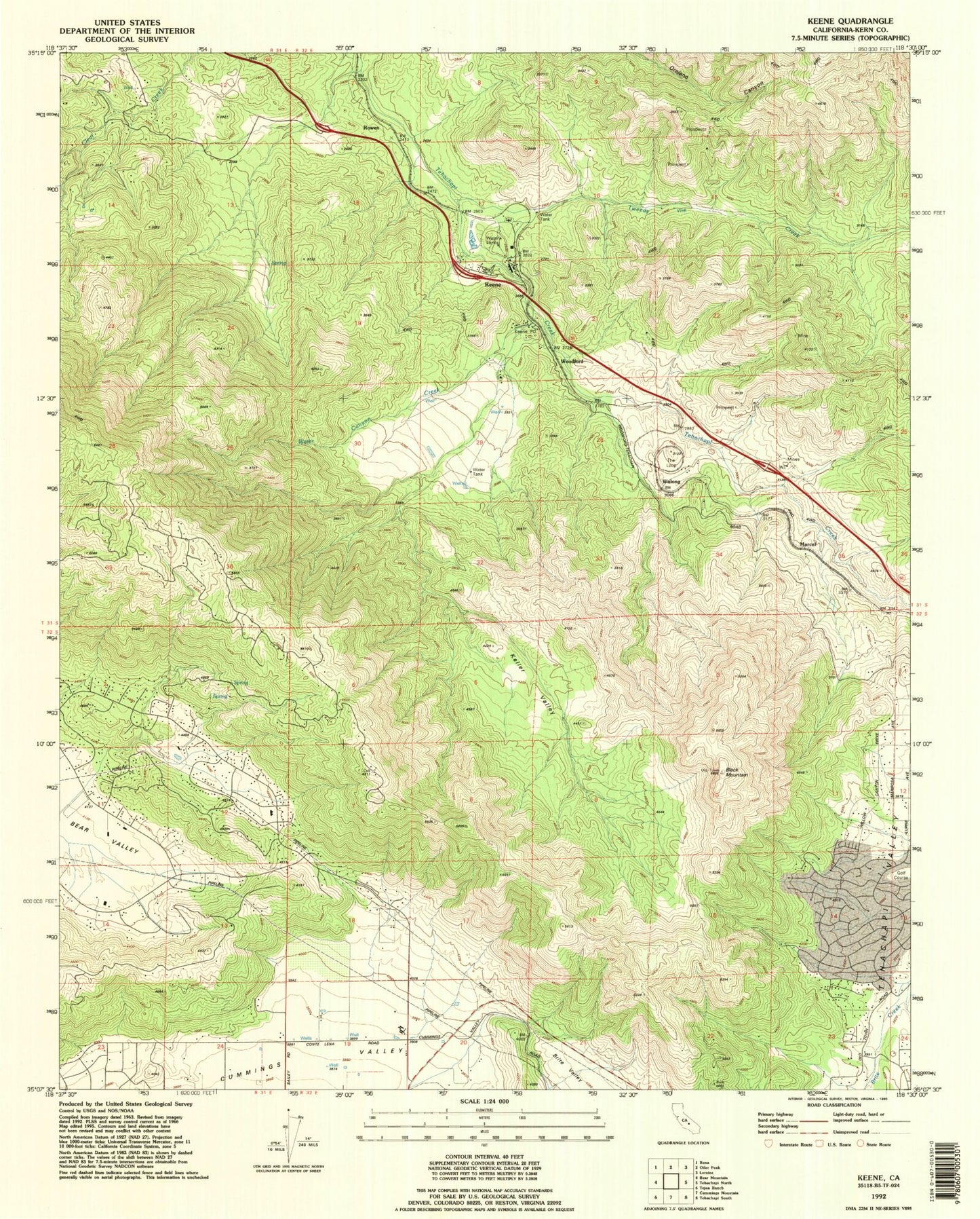 Classic USGS Keene California 7.5'x7.5' Topo Map Image
