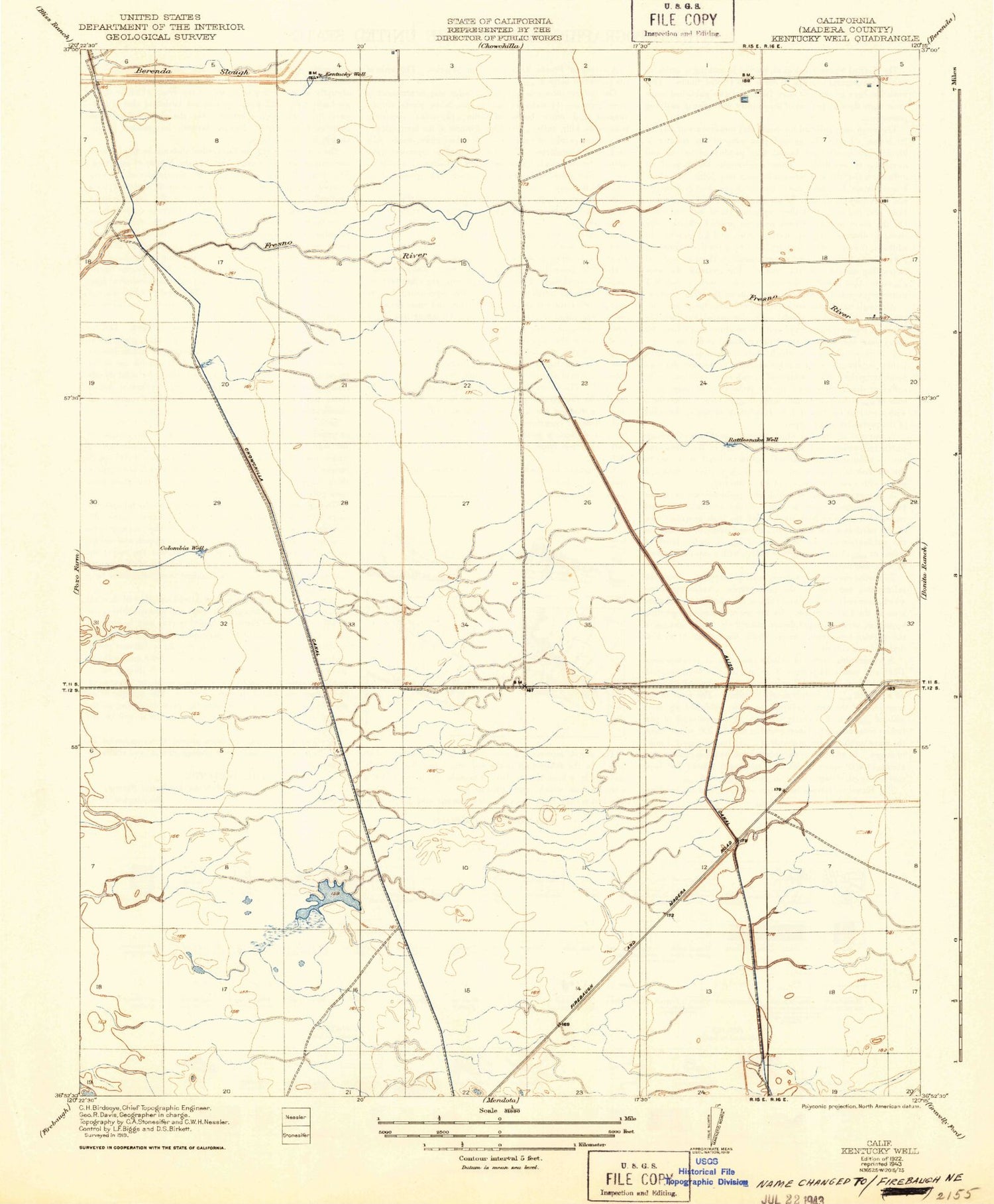 Classic USGS Firebaugh NE California 7.5'x7.5' Topo Map Image