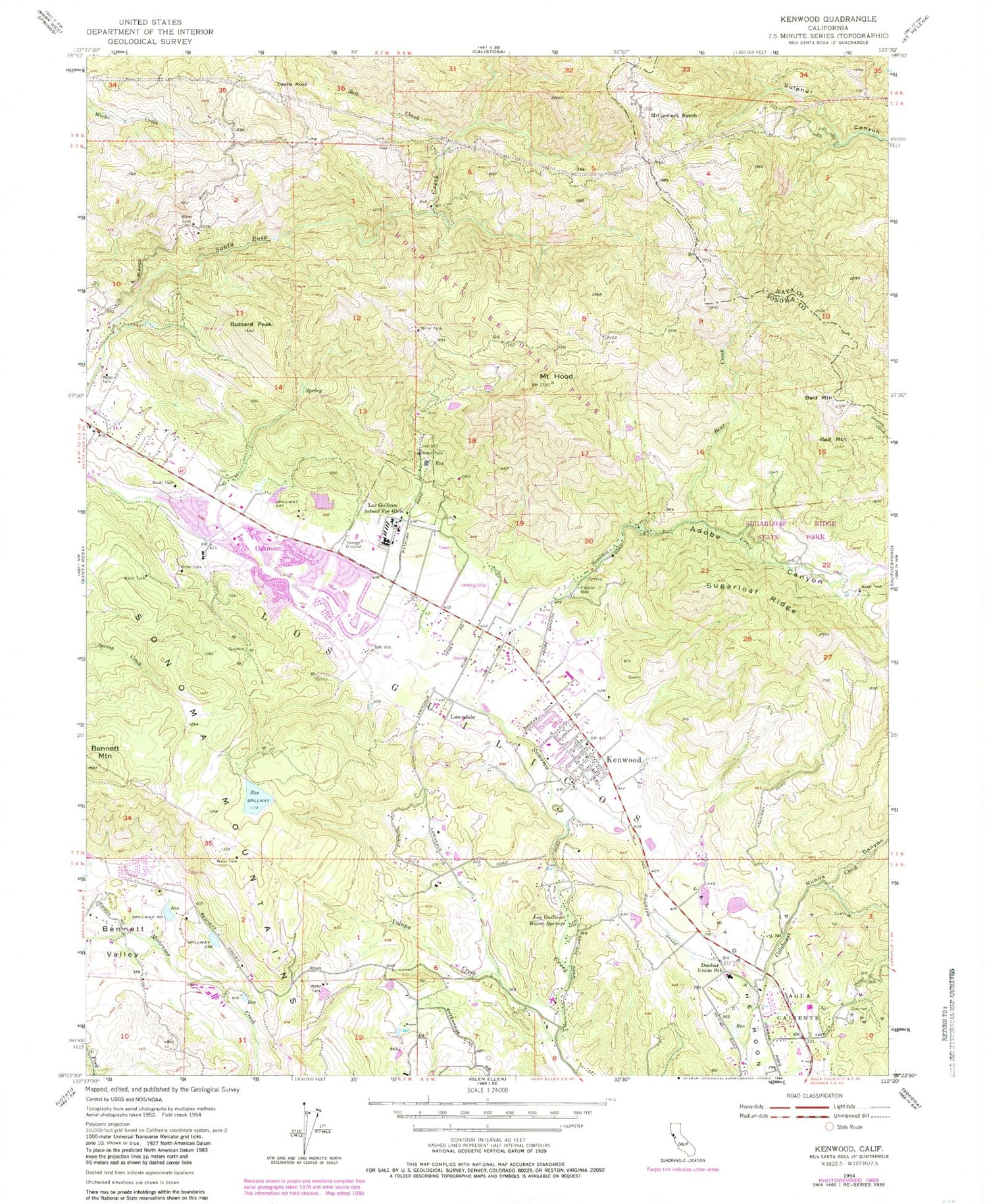 Classic USGS Kenwood California 7.5'x7.5' Topo Map Image
