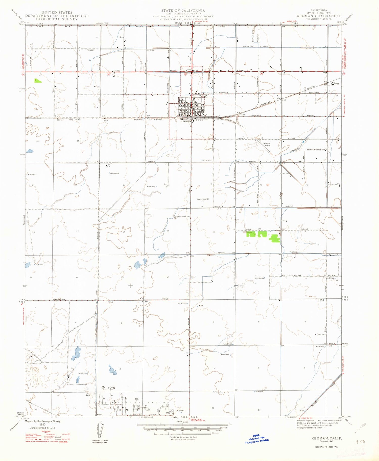 Classic USGS Kerman California 7.5'x7.5' Topo Map Image