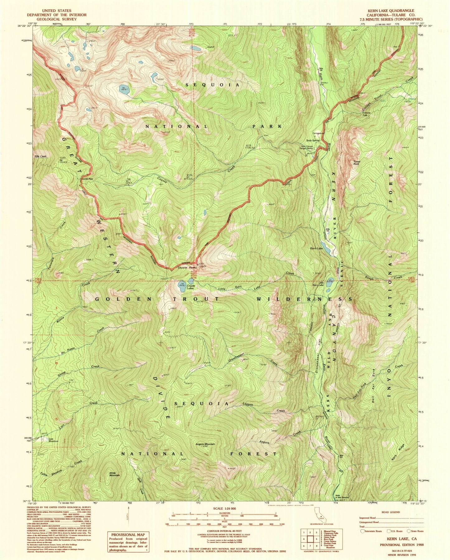 Classic USGS Kern Lake California 7.5'x7.5' Topo Map Image