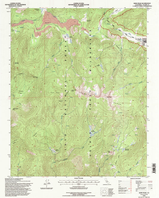 Classic USGS Kern Peak California 7.5'x7.5' Topo Map Image