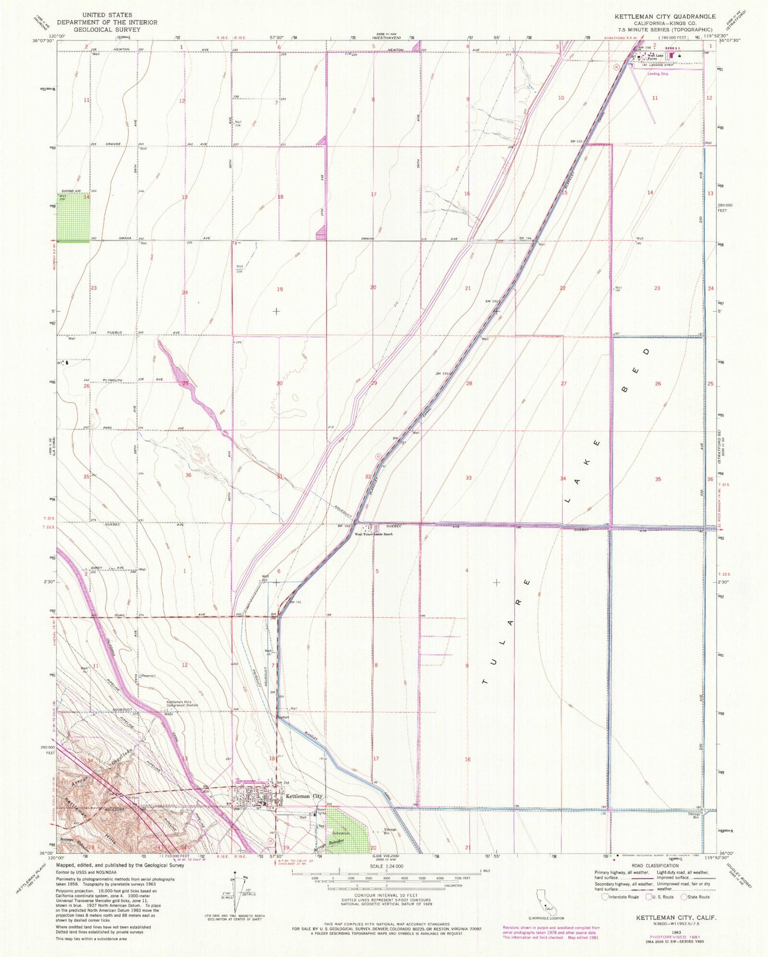 Classic USGS Kettleman City California 7.5'x7.5' Topo Map Image