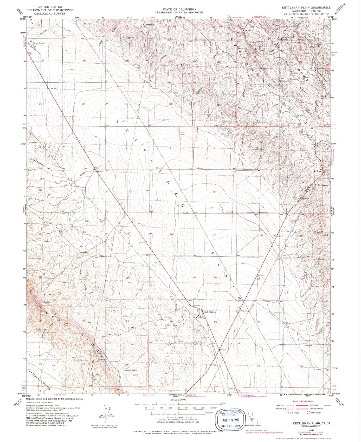 Classic USGS Kettleman Plain California 7.5'x7.5' Topo Map Image