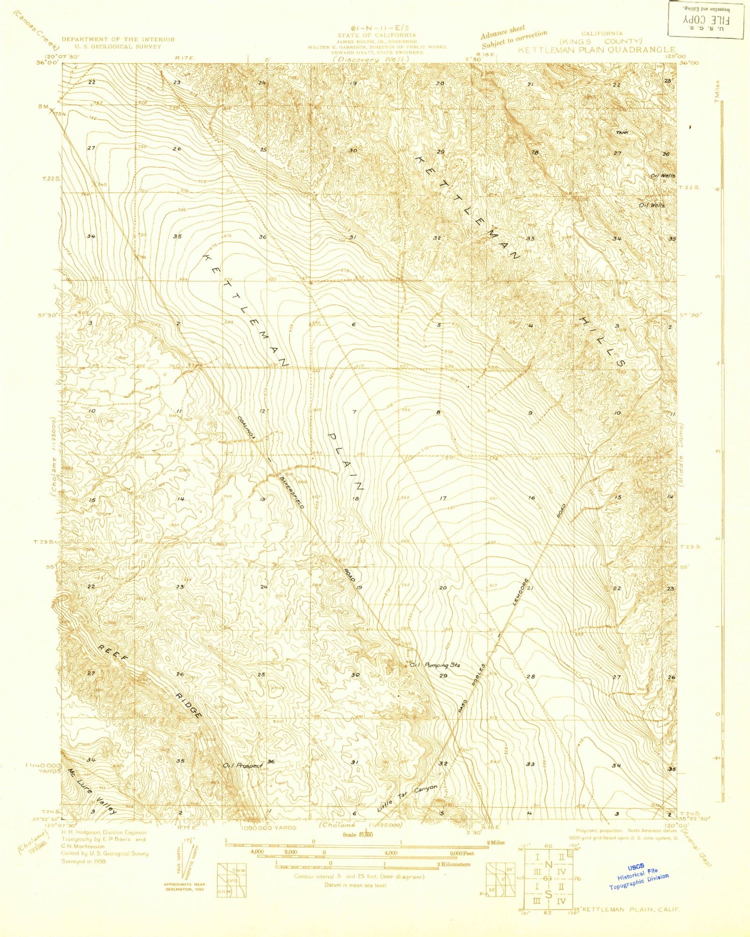 Classic USGS Kettleman Plain California 7.5'x7.5' Topo Map Image