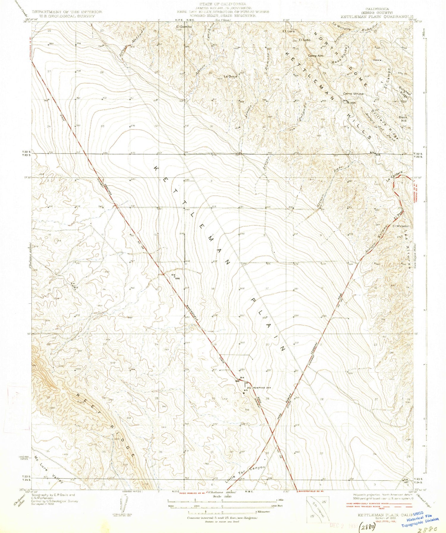Classic USGS Kettleman Plain California 7.5'x7.5' Topo Map Image