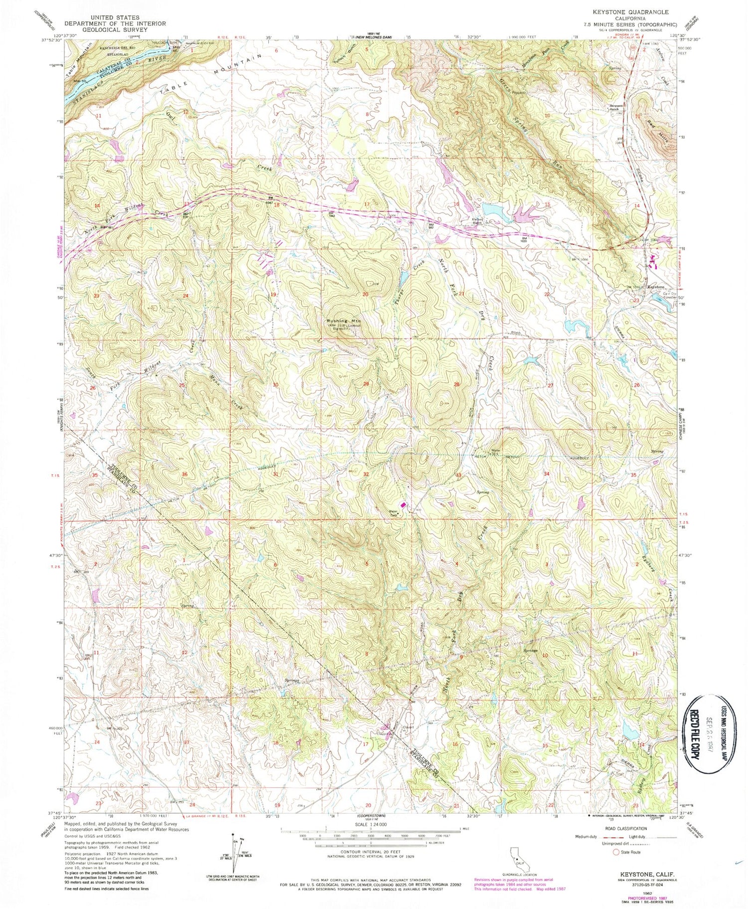 Classic USGS Keystone California 7.5'x7.5' Topo Map Image