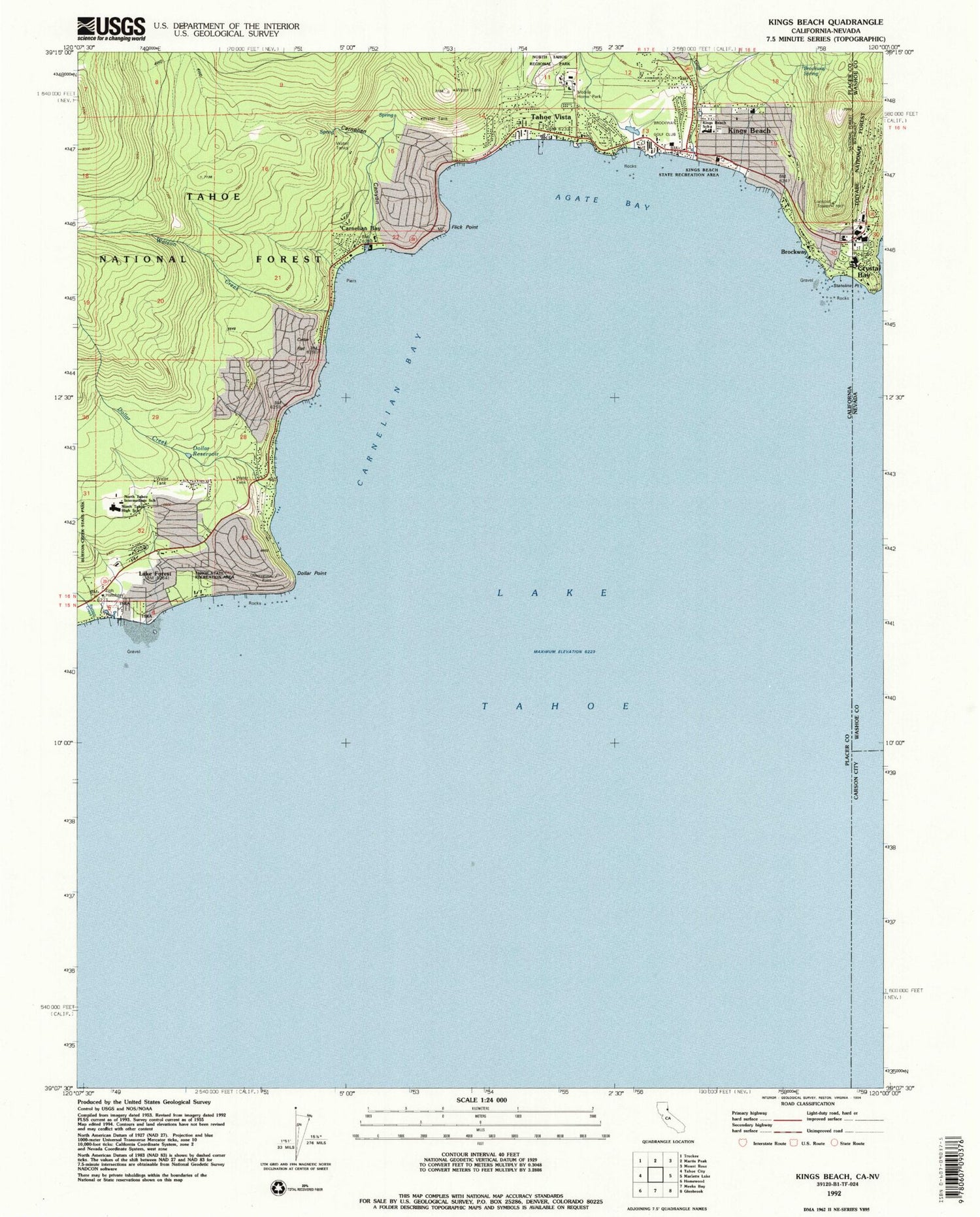 Classic USGS Kings Beach California 7.5'x7.5' Topo Map Image