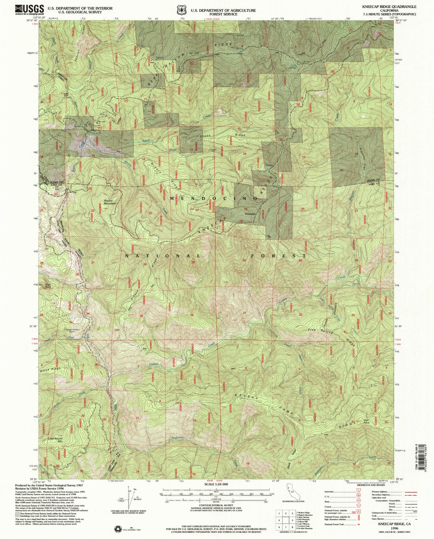 Classic USGS Kneecap Ridge California 7.5'x7.5' Topo Map Image