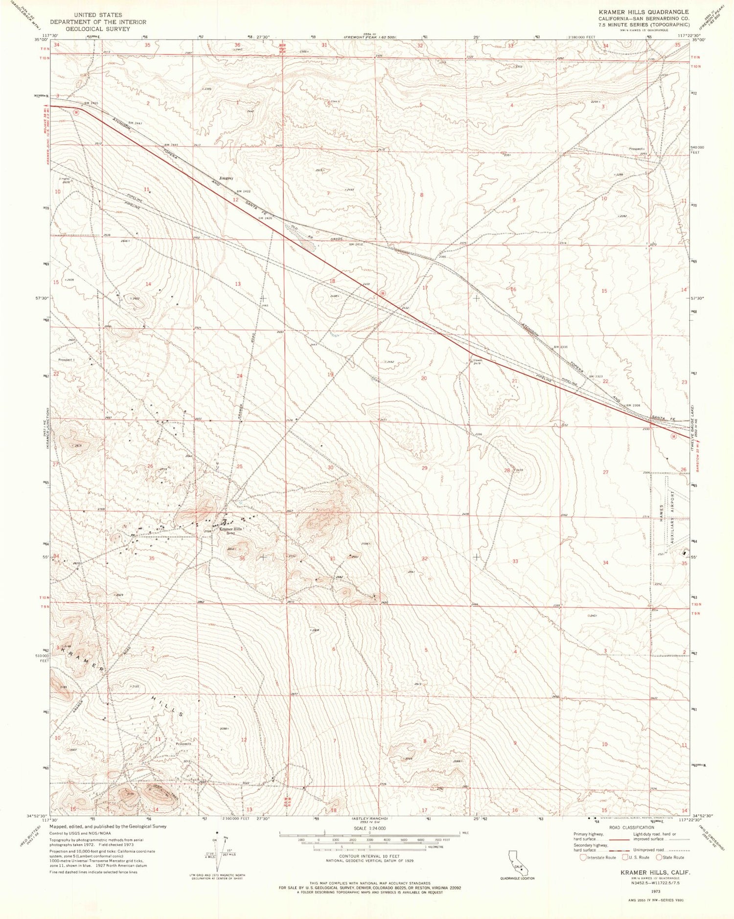 Classic USGS Kramer Hills California 7.5'x7.5' Topo Map Image