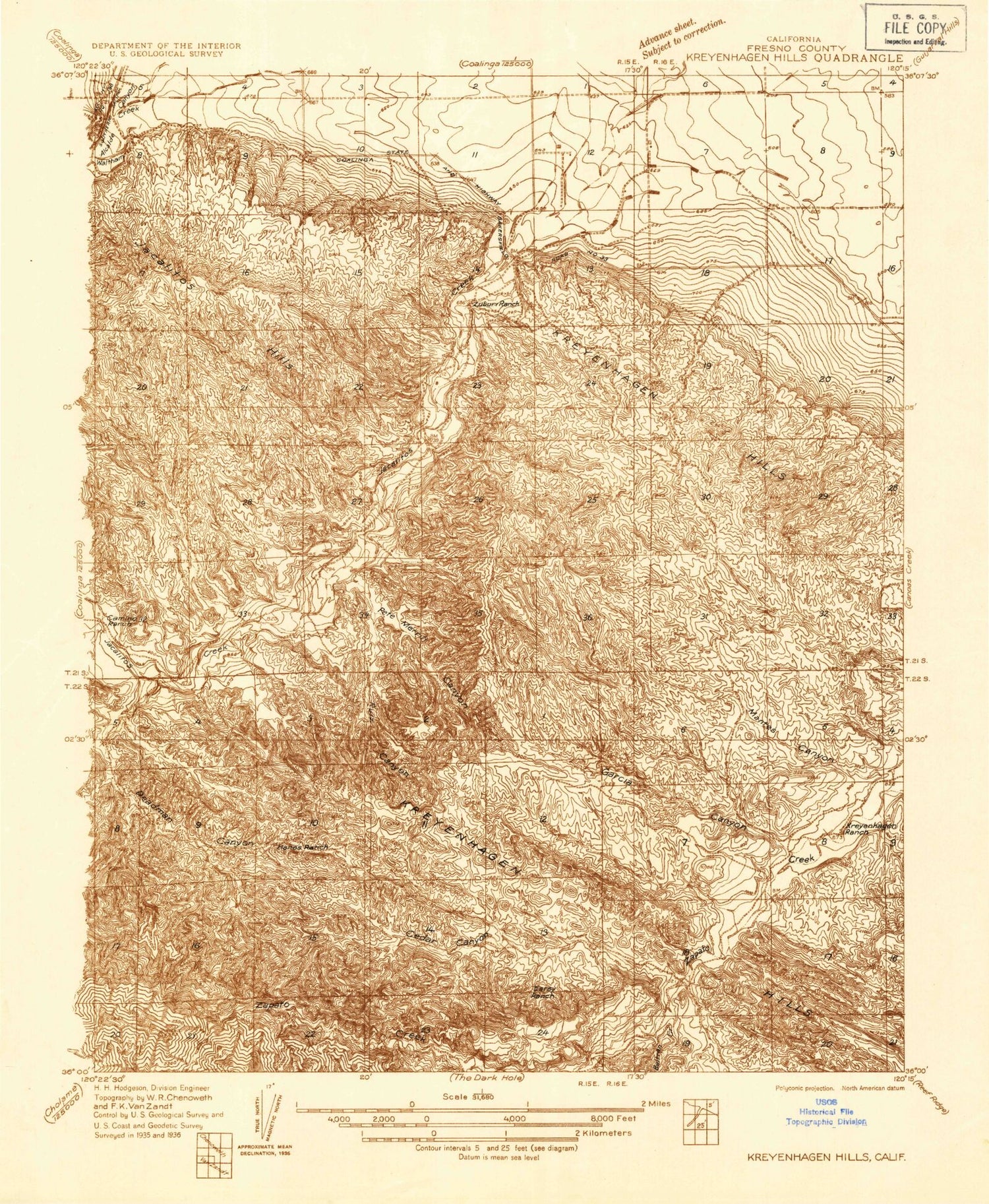 Classic USGS Kreyenhagen Hills California 7.5'x7.5' Topo Map Image