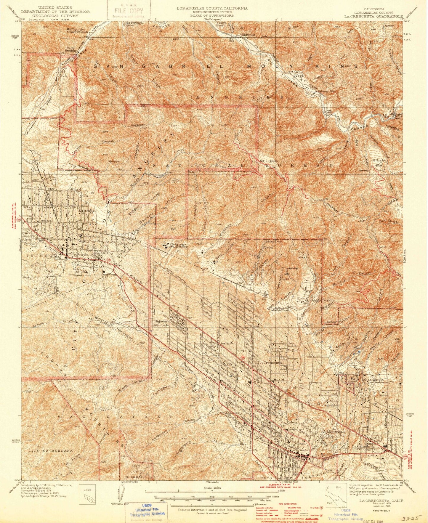 Classic USGS La Crescenta California 7.5'x7.5' Topo Map Image