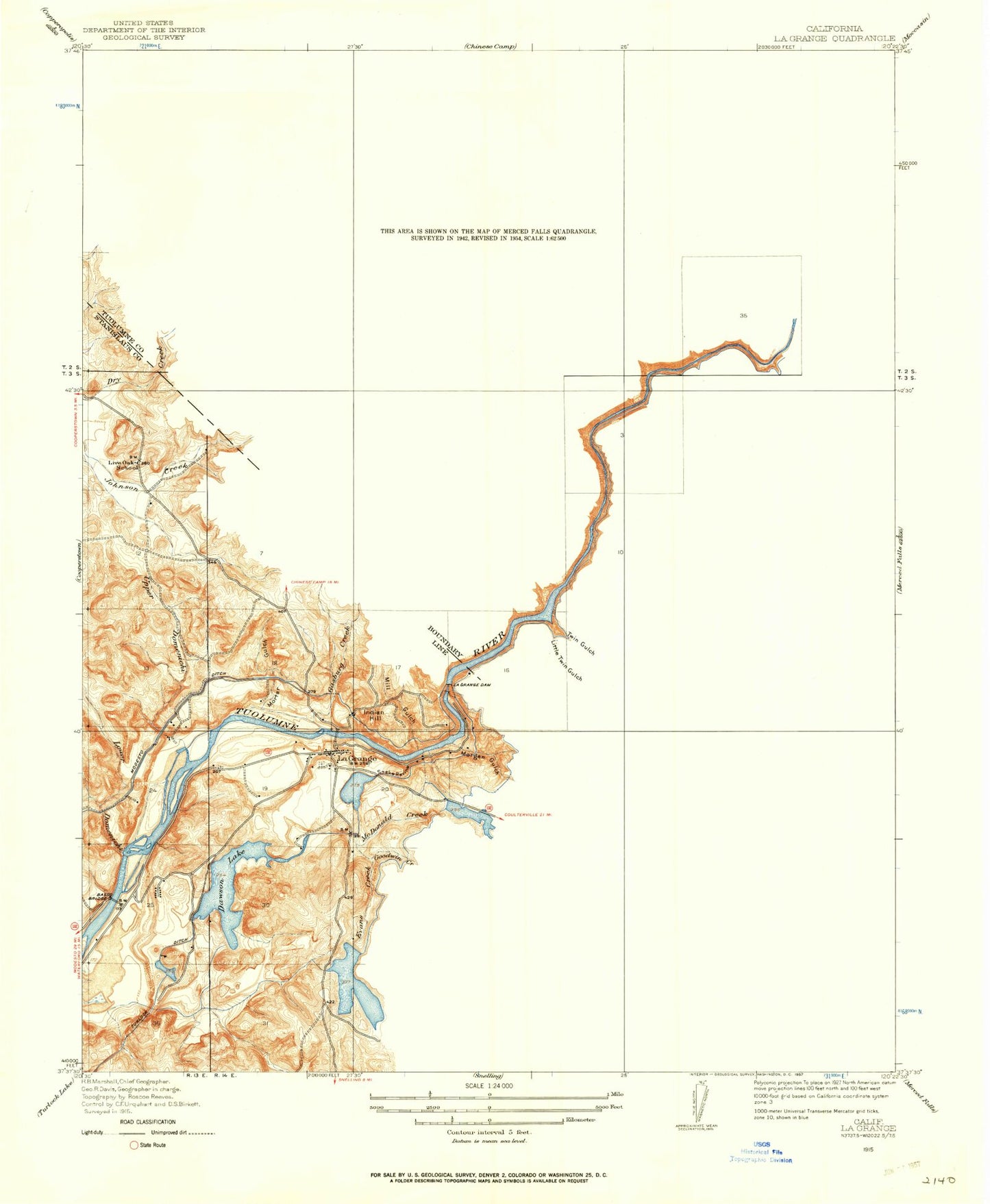 Classic USGS La Grange California 7.5'x7.5' Topo Map Image