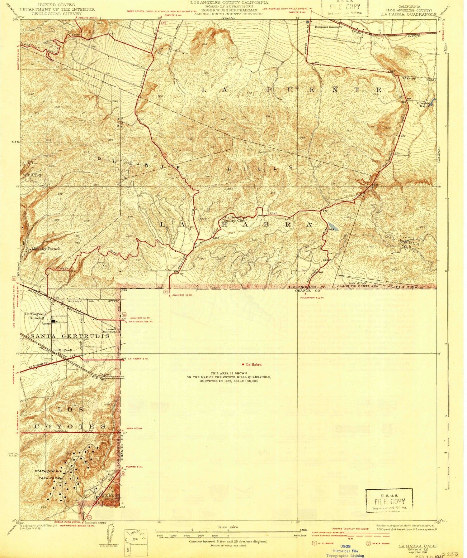 Classic USGS La Habra California 7.5'x7.5' Topo Map Image