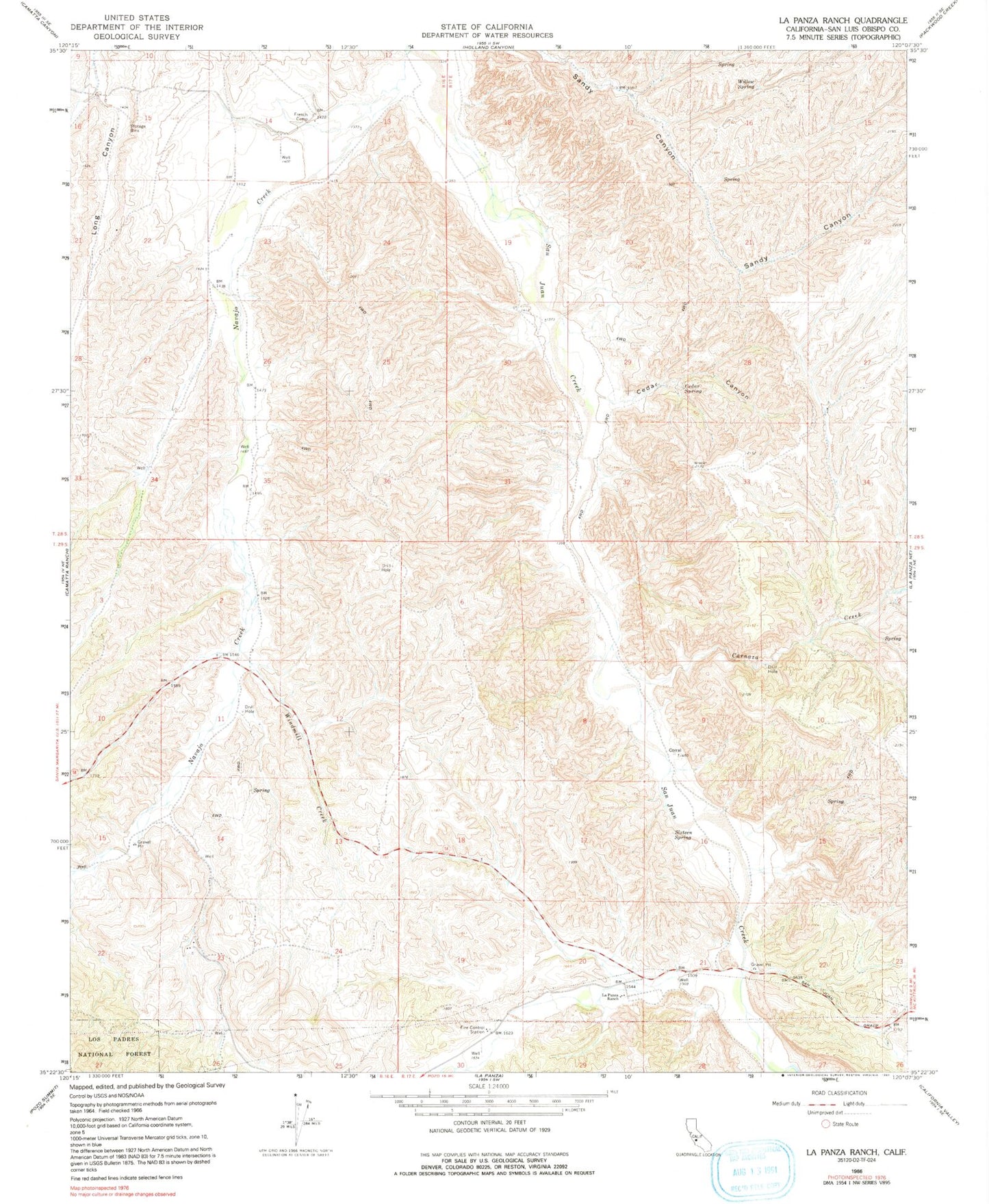 Classic USGS La Panza Ranch California 7.5'x7.5' Topo Map Image
