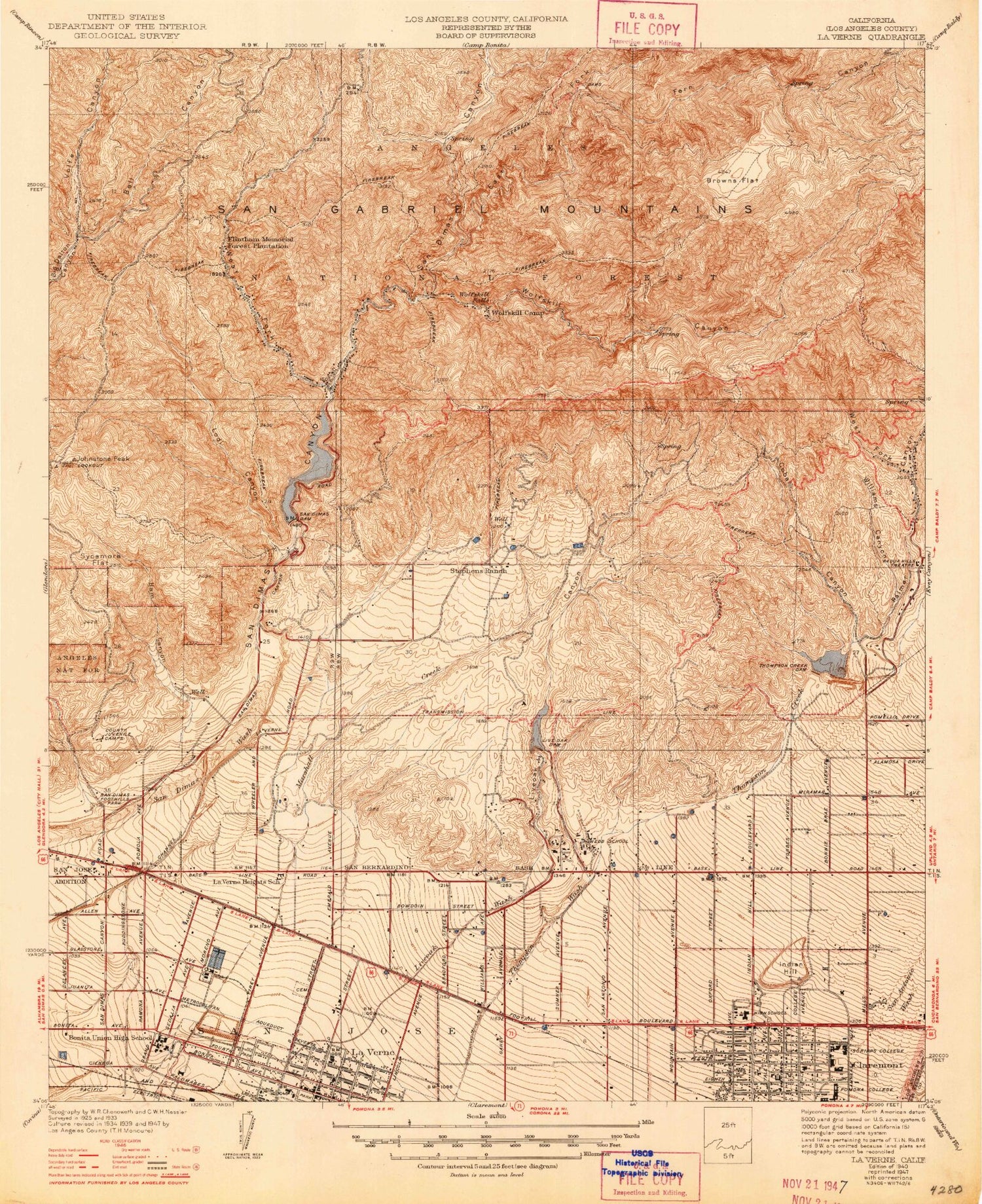 Classic USGS La Verne California 7.5'x7.5' Topo Map Image