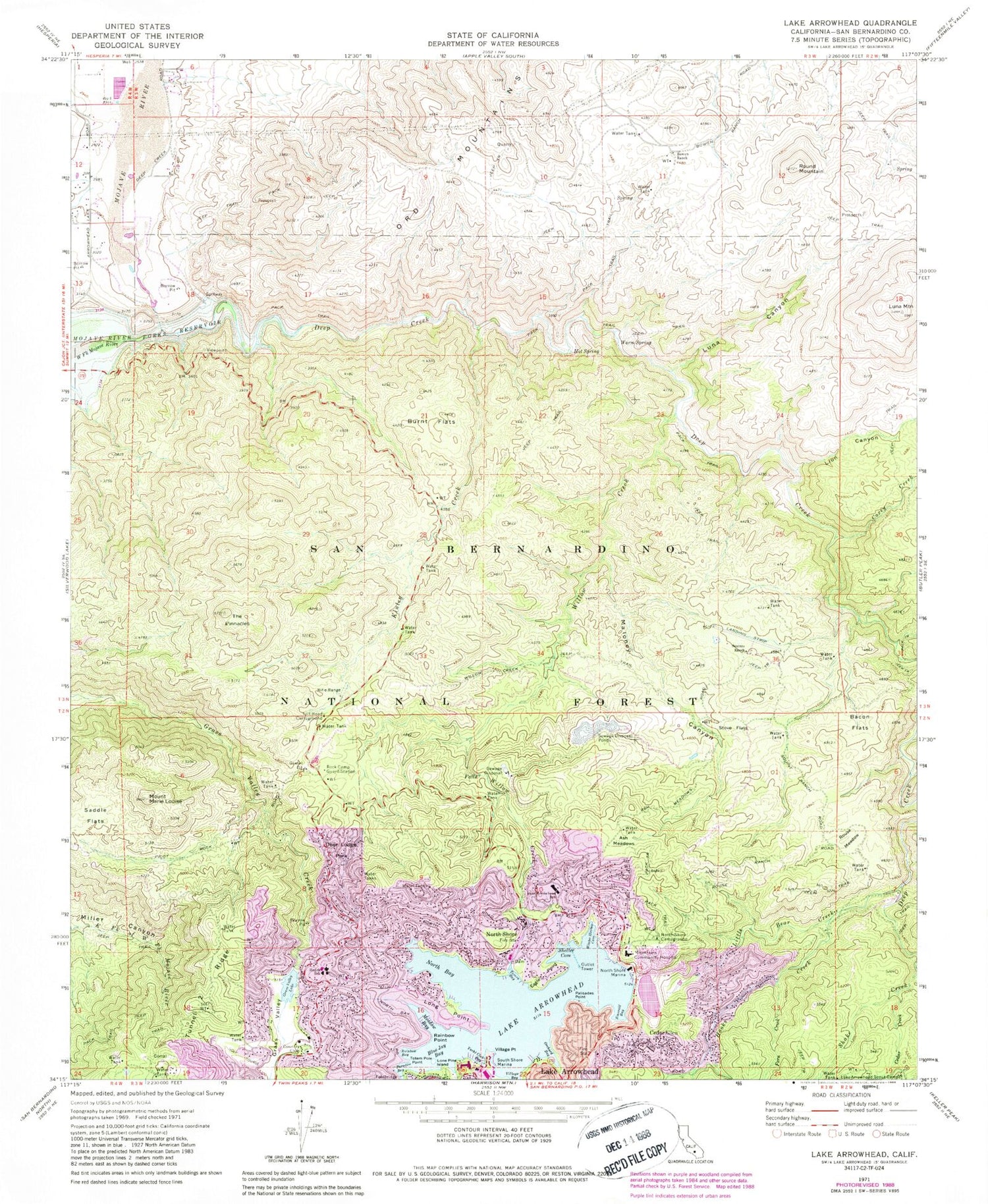 Classic USGS Lake Arrowhead California 7.5'x7.5' Topo Map Image
