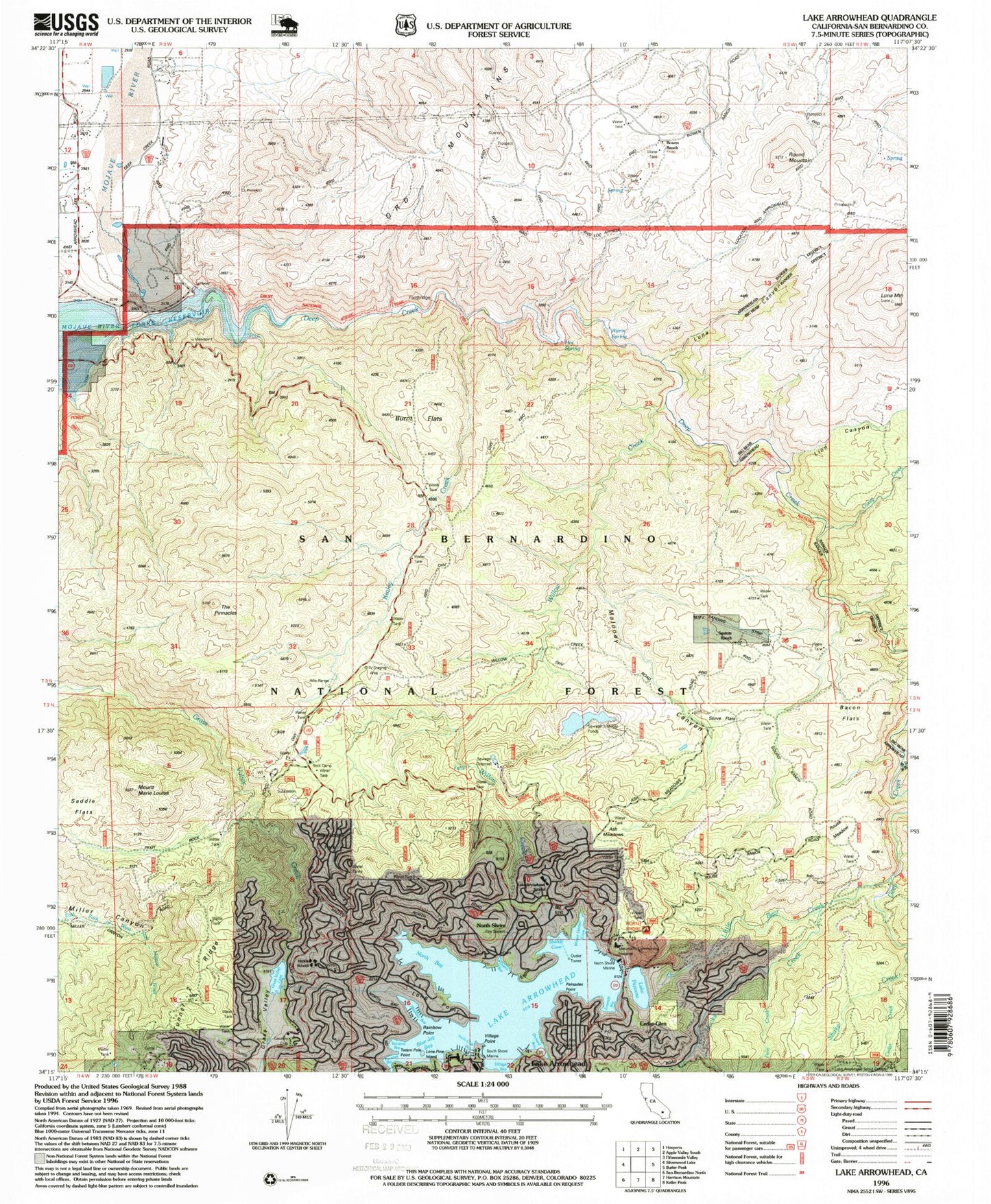 Classic USGS Lake Arrowhead California 7.5'x7.5' Topo Map Image