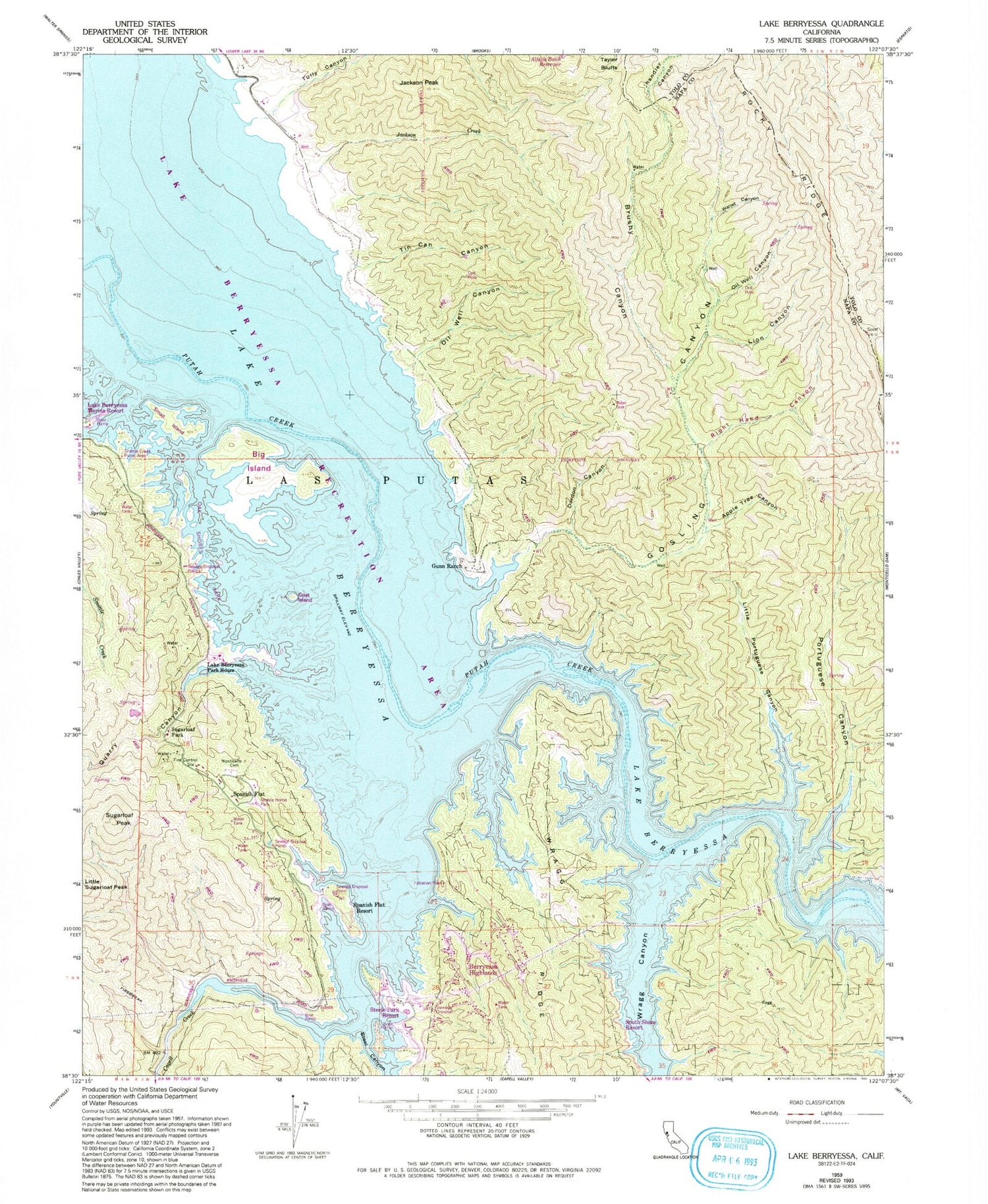 Classic USGS Lake Berryessa California 7.5'x7.5' Topo Map Image