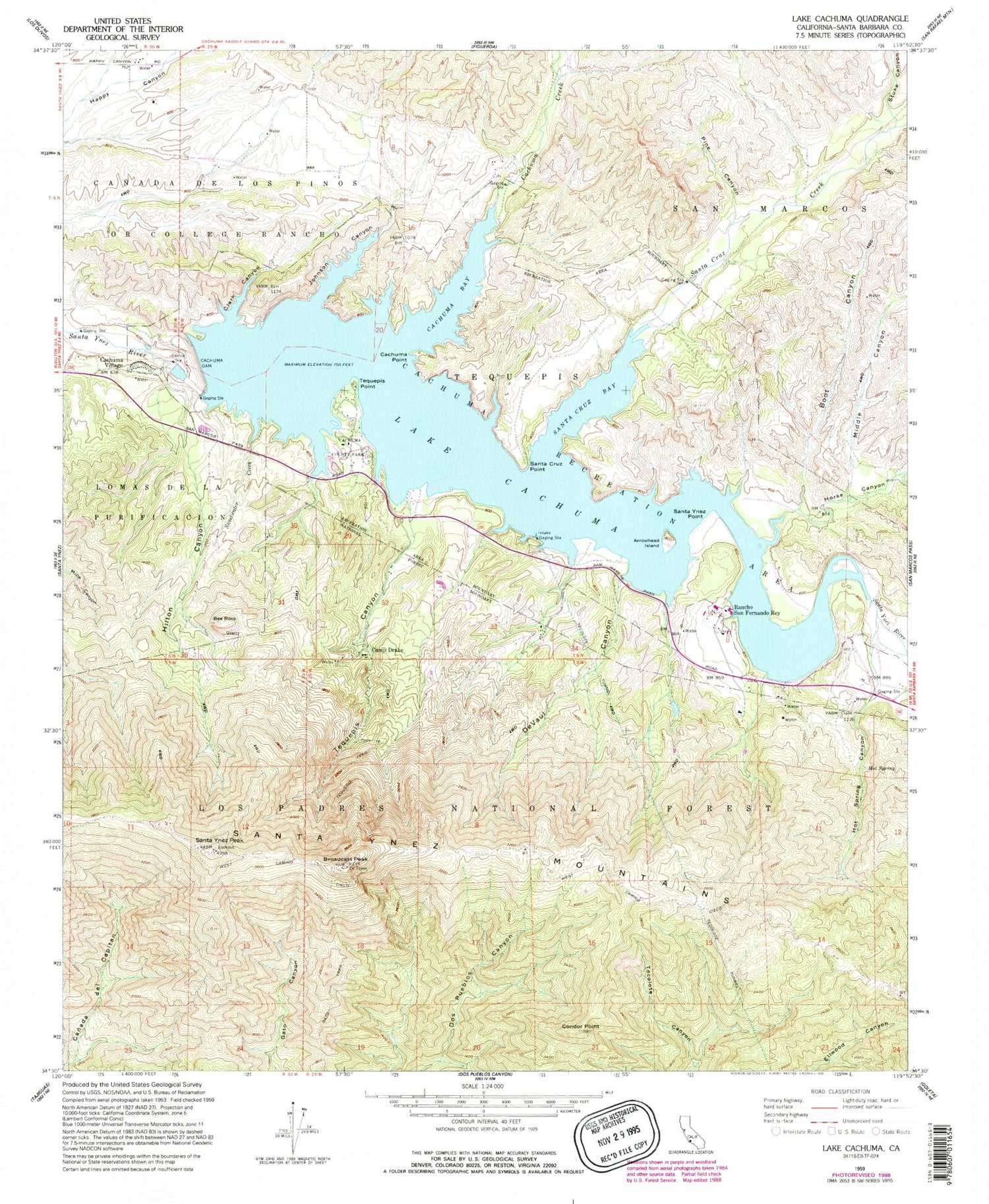 Classic USGS Lake Cachuma California 7.5'x7.5' Topo Map Image