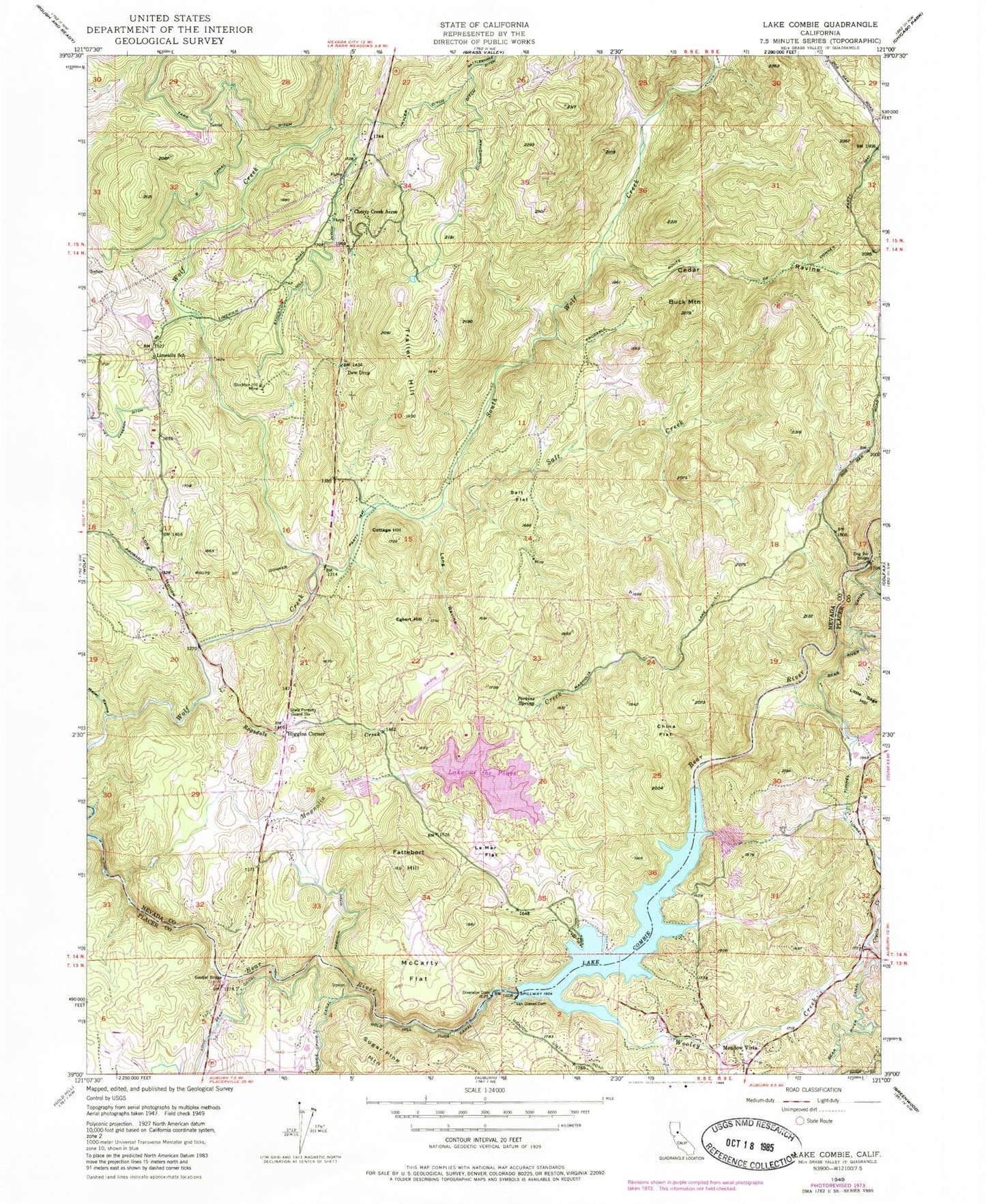 Classic USGS Lake Combie California 7.5'x7.5' Topo Map Image