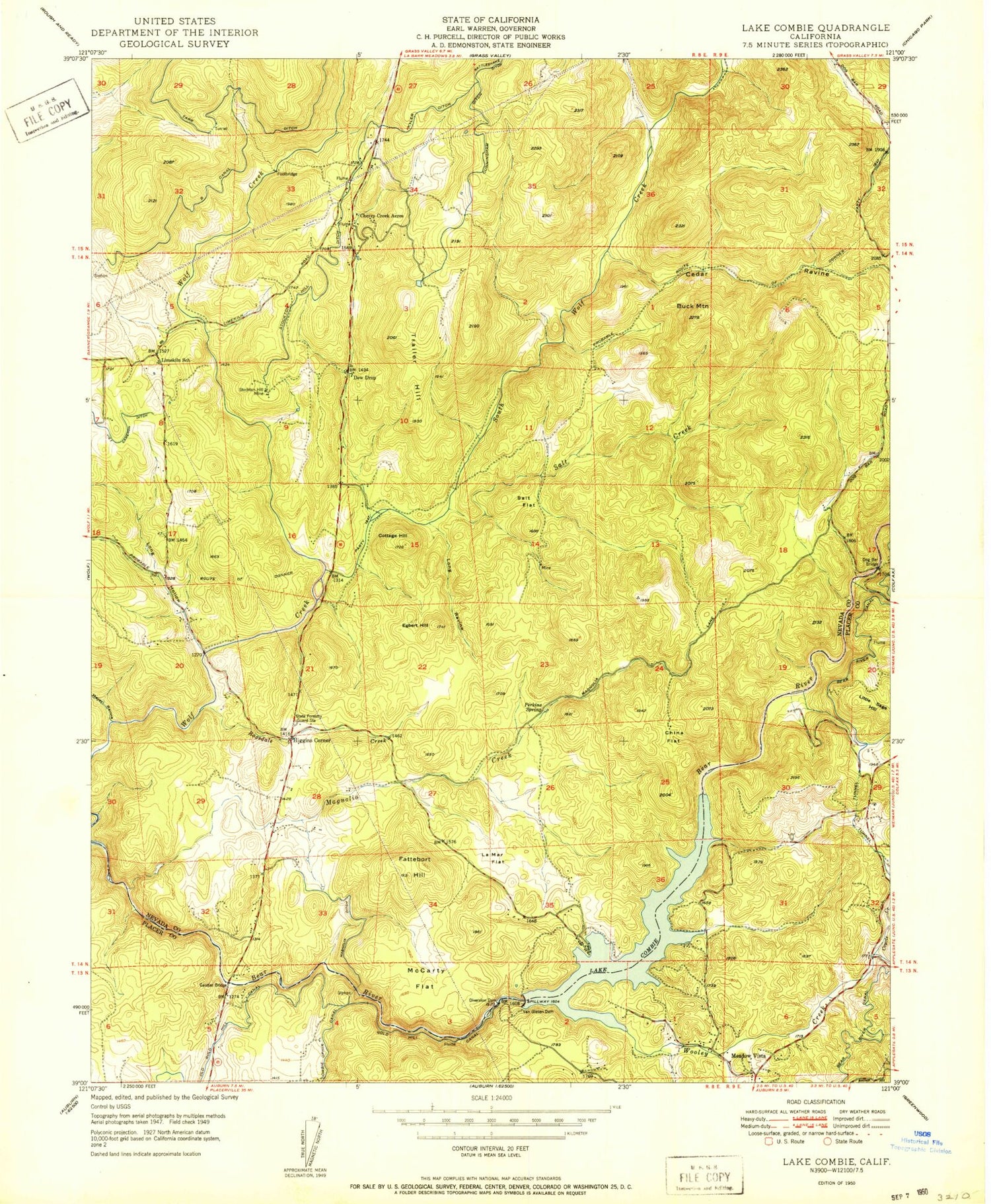 Classic USGS Lake Combie California 7.5'x7.5' Topo Map Image