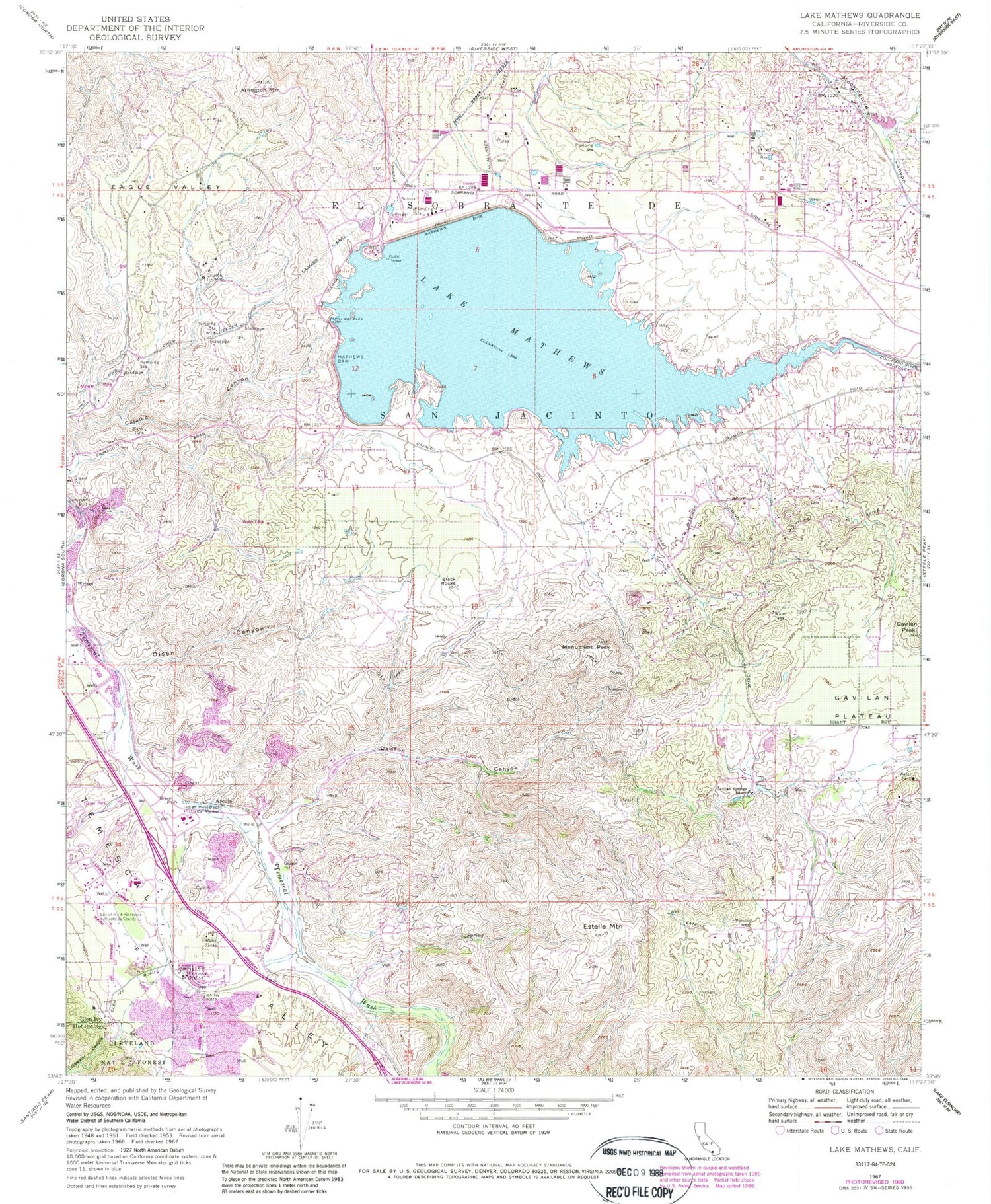 Classic USGS Lake Mathews California 7.5'x7.5' Topo Map Image