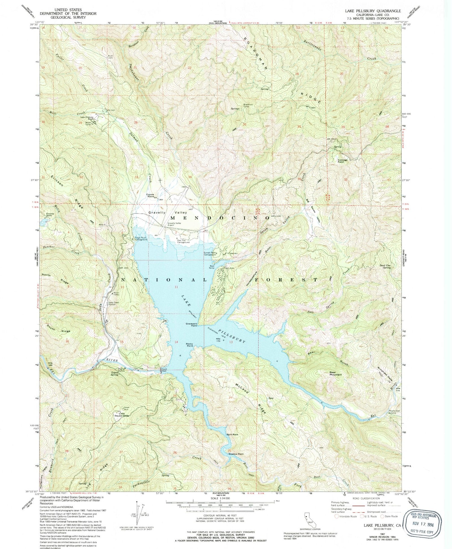 Classic USGS Lake Pillsbury California 7.5'x7.5' Topo Map Image