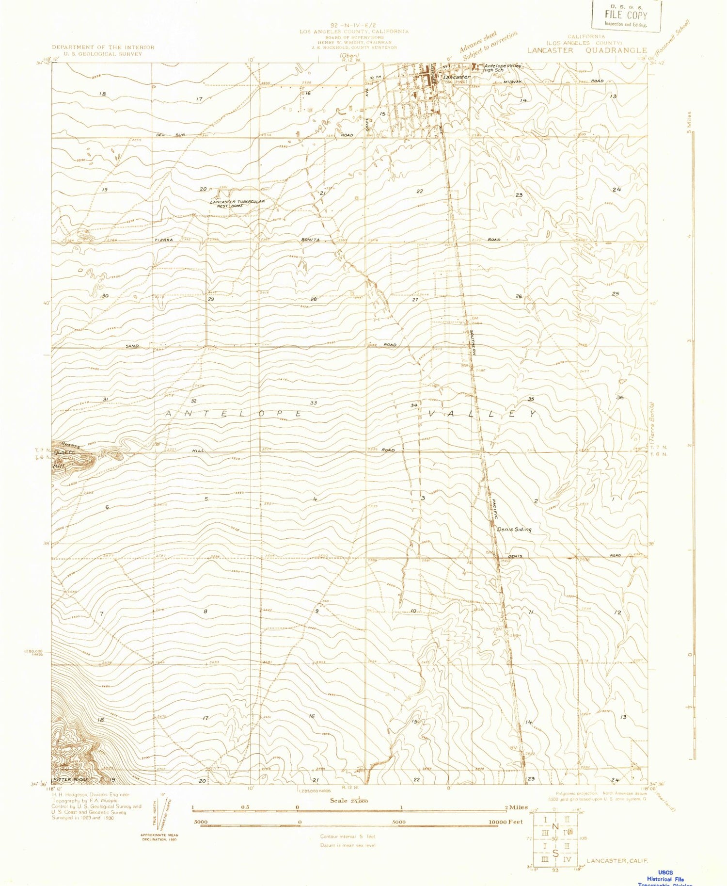 Classic USGS Lancaster California 7.5'x7.5' Topo Map Image
