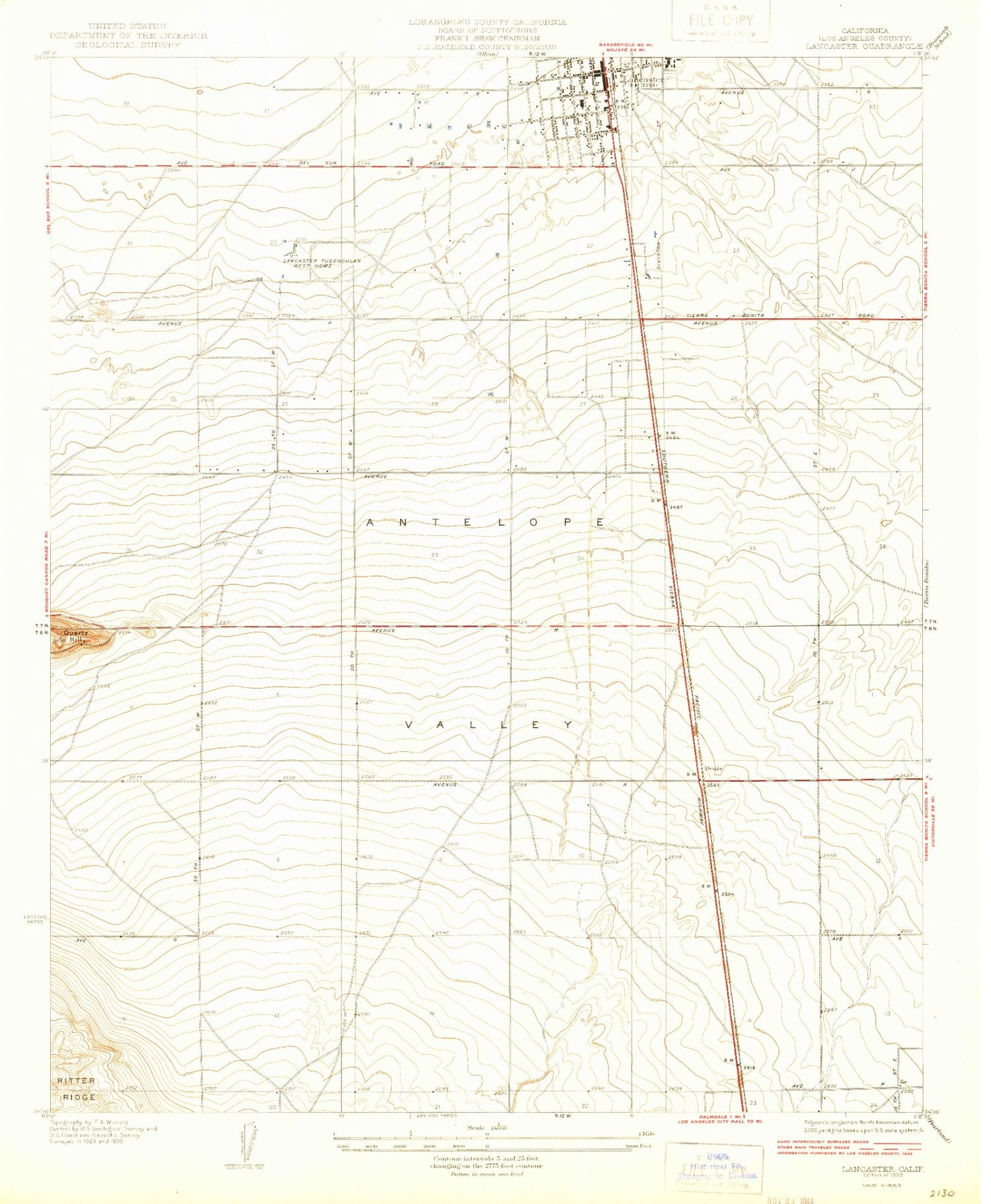 Classic USGS Lancaster California 7.5'x7.5' Topo Map Image