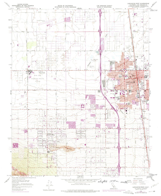 Classic USGS Lancaster West California 7.5'x7.5' Topo Map Image