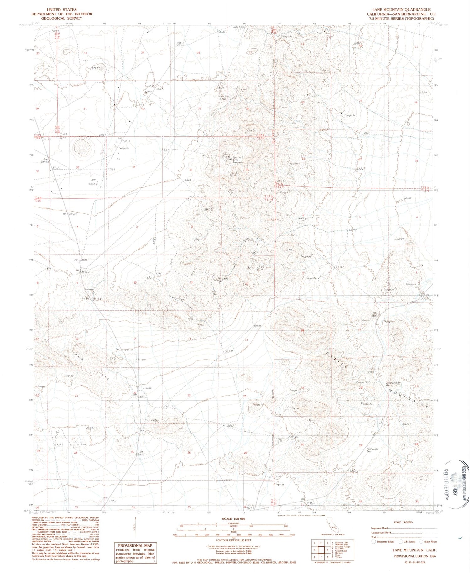 Classic USGS Lane Mountain California 7.5'x7.5' Topo Map Image