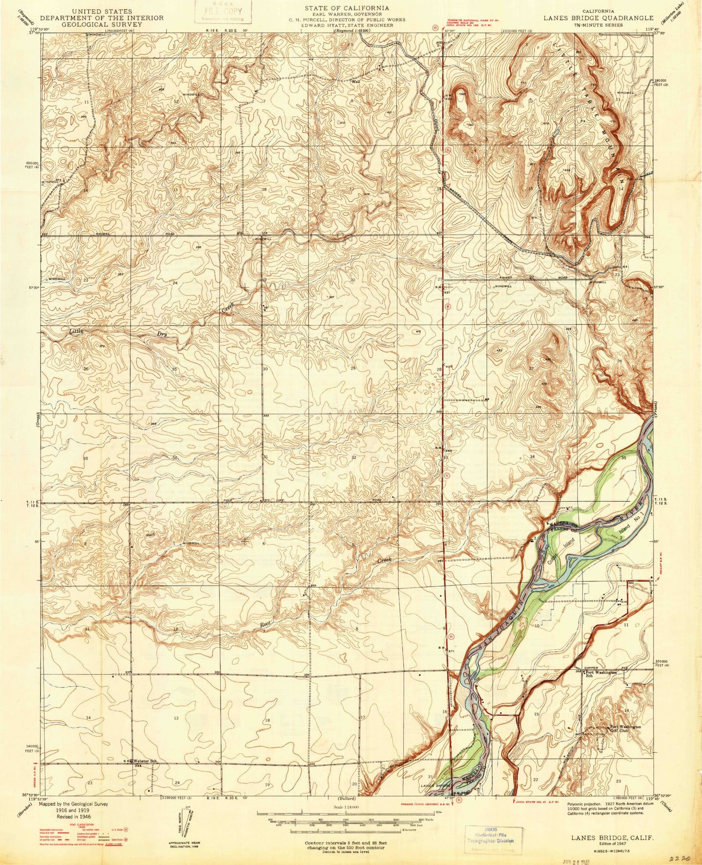Classic USGS Lanes Bridge California 7.5'x7.5' Topo Map Image