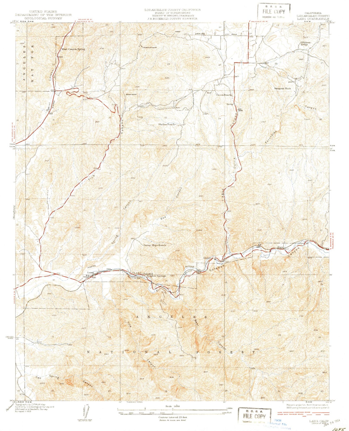 Classic USGS Lang California 7.5'x7.5' Topo Map Image