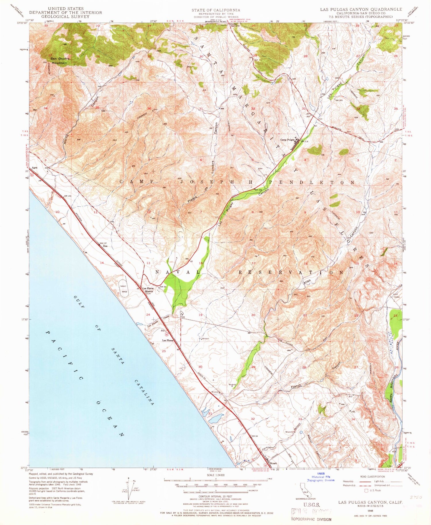 Classic USGS Las Pulgas Canyon California 7.5'x7.5' Topo Map Image