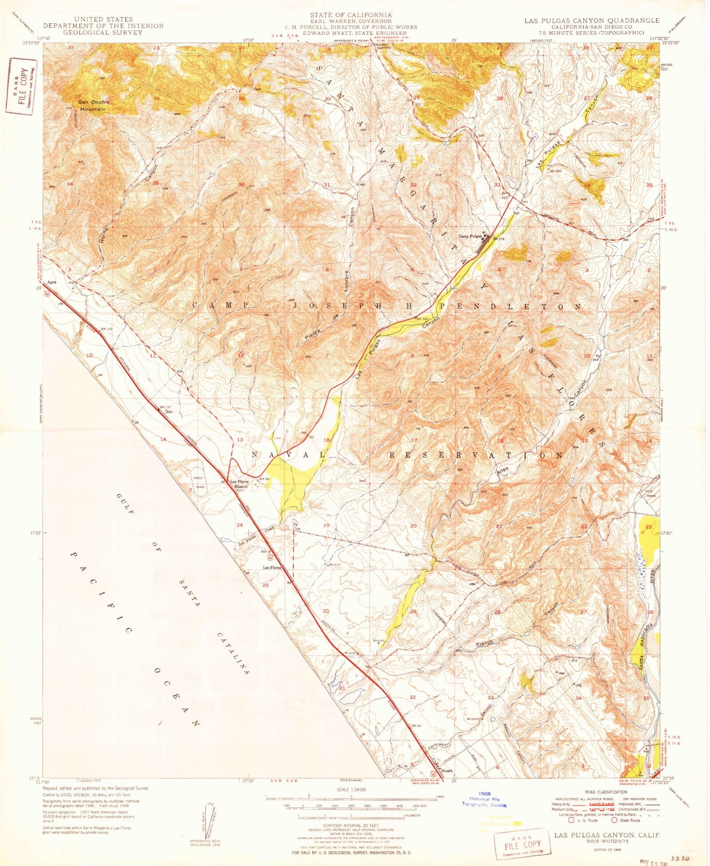 Classic USGS Las Pulgas Canyon California 7.5'x7.5' Topo Map Image