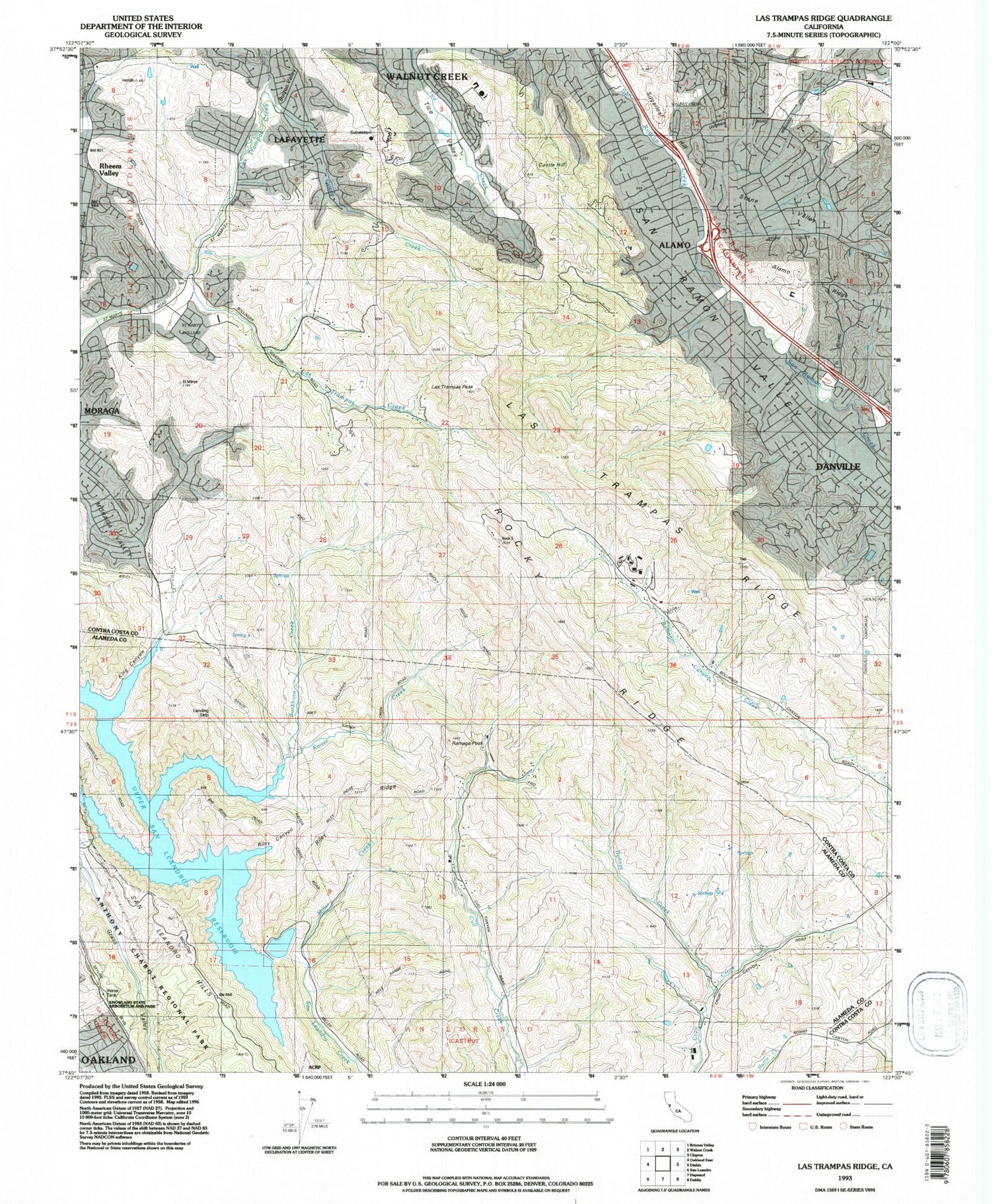 Classic USGS Las Trampas Ridge California 7.5'x7.5' Topo Map Image