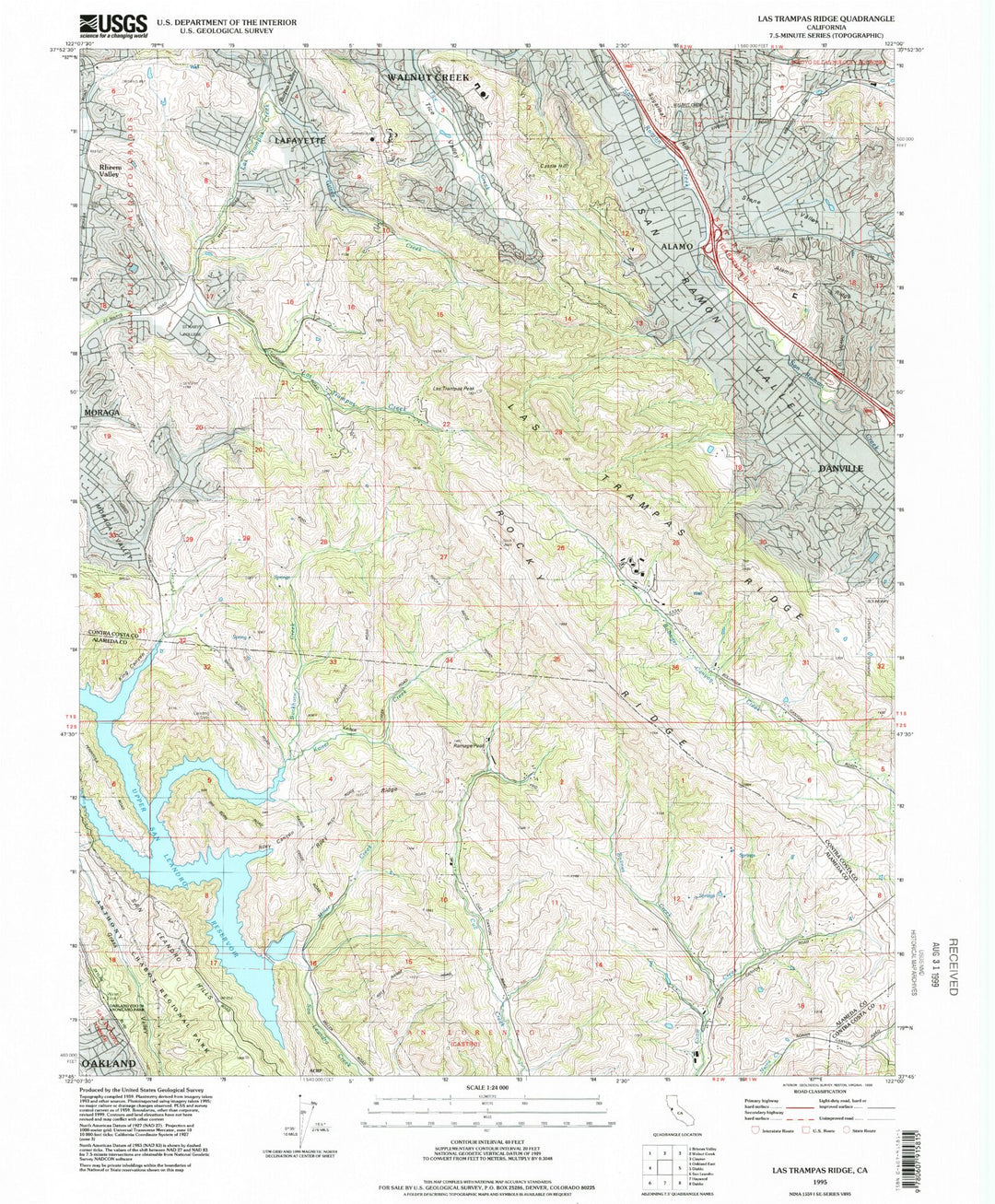Classic USGS Las Trampas Ridge California 7.5'x7.5' Topo Map, image size:1080x1307