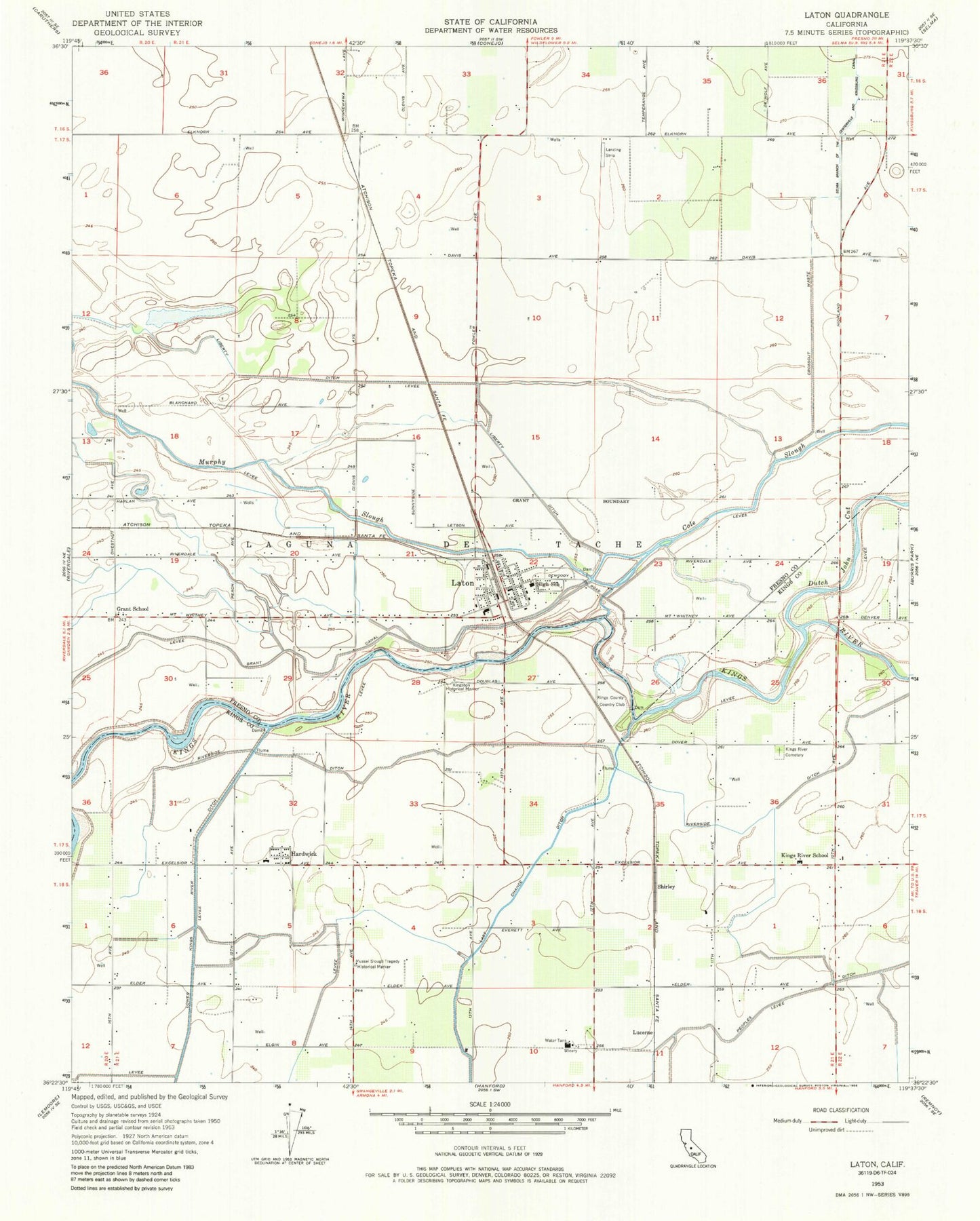 Classic USGS Laton California 7.5'x7.5' Topo Map Image