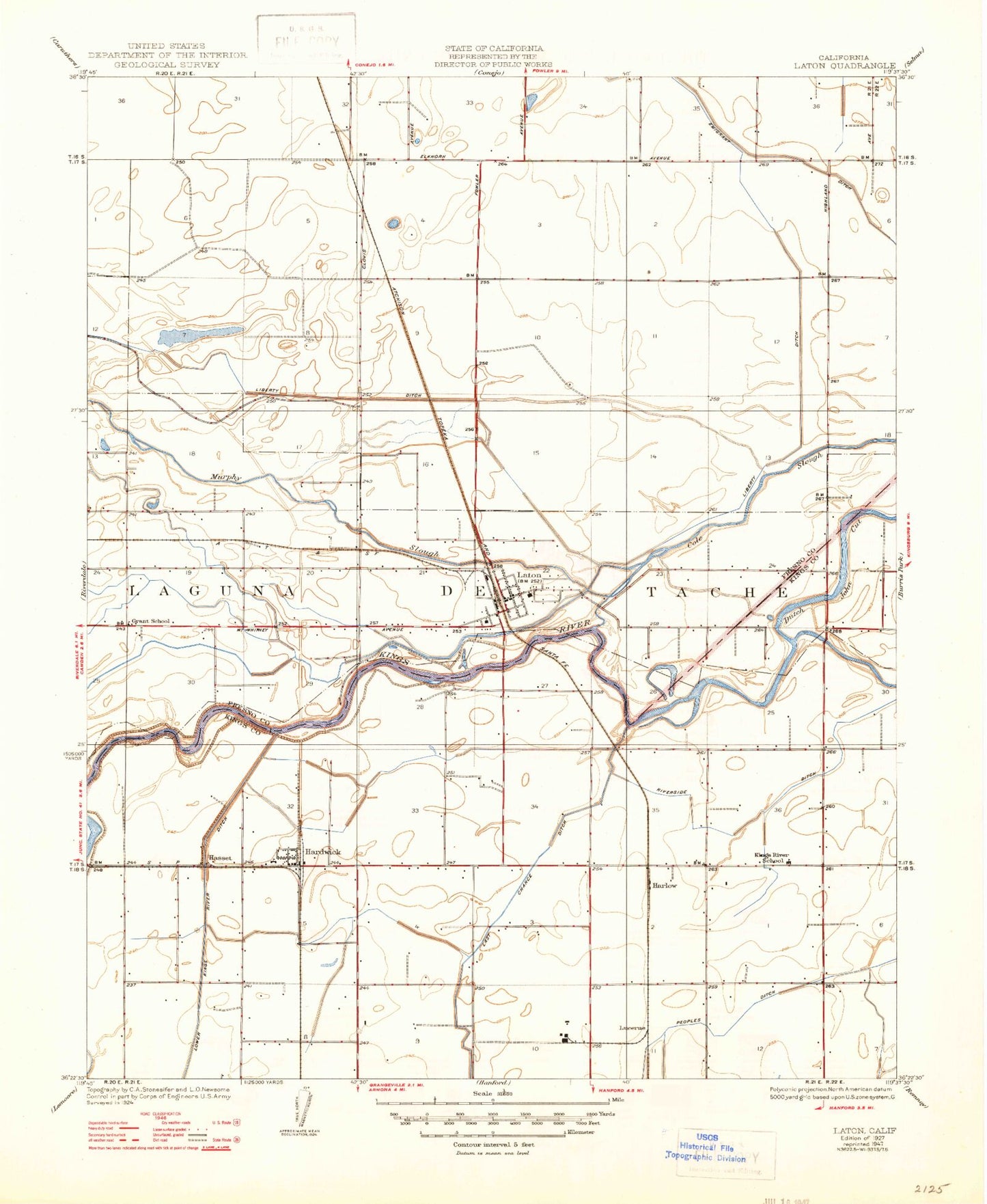 Classic USGS Laton California 7.5'x7.5' Topo Map Image